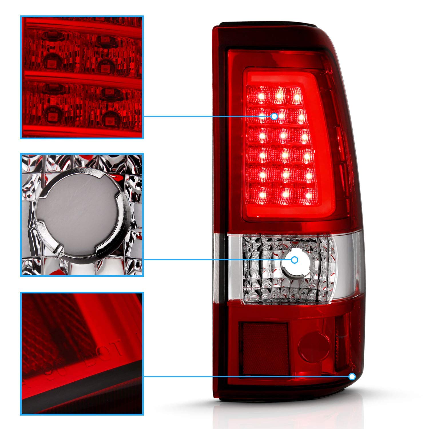 AmeriLite LED Tail Lights for 1999-2006 GMC Sierra & 1999-2002 Chevy Silverado - Ruby Red C-Type Replacement Brake Lamps (Pair) - Left & Right Side - Enhanced Night Visibility & Style Upgrade for Pickup Trucks