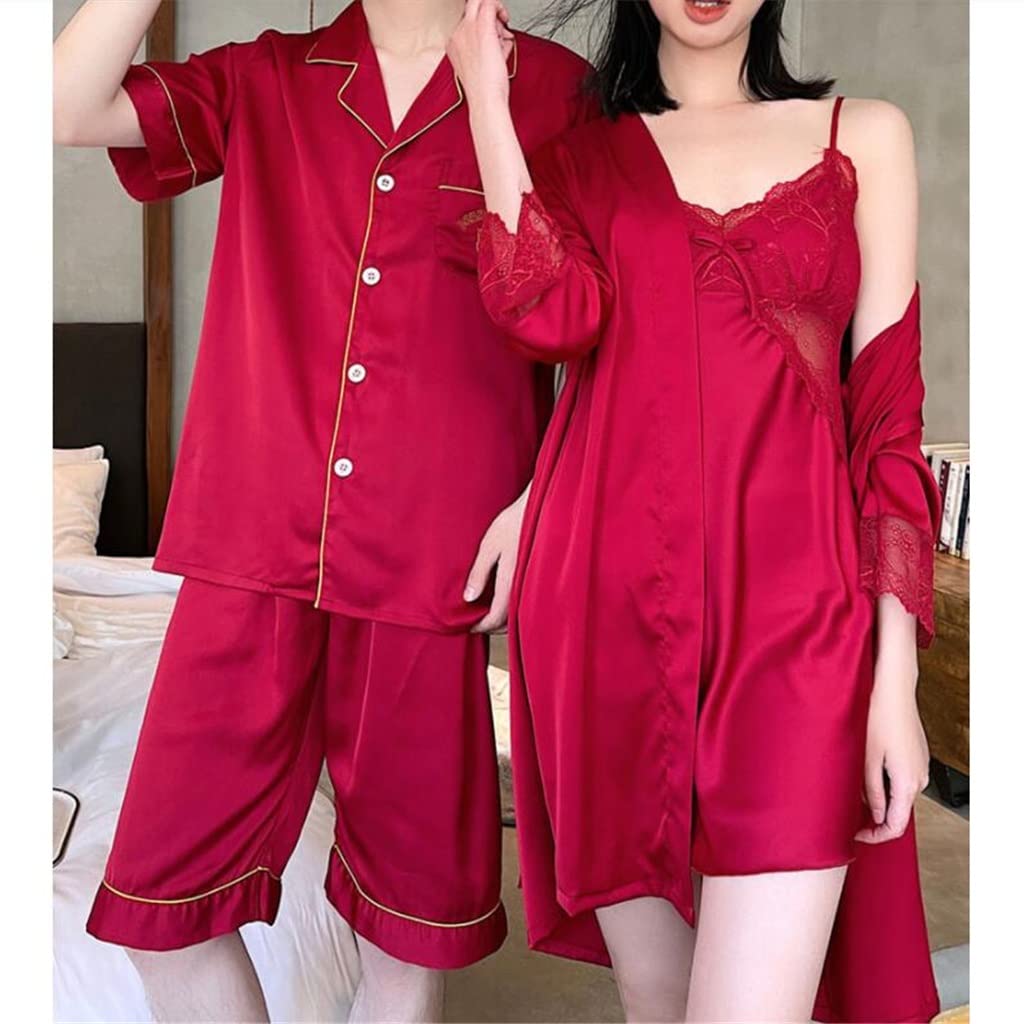 Summer Sexy Couple Pajama Set - Women's Ice Silk Nightgown & Men's Short Sleeve Sleepwear in Red (XXL) | Romantic Sleepwear for Couples, Anniversary Gifts, Valentine's Day