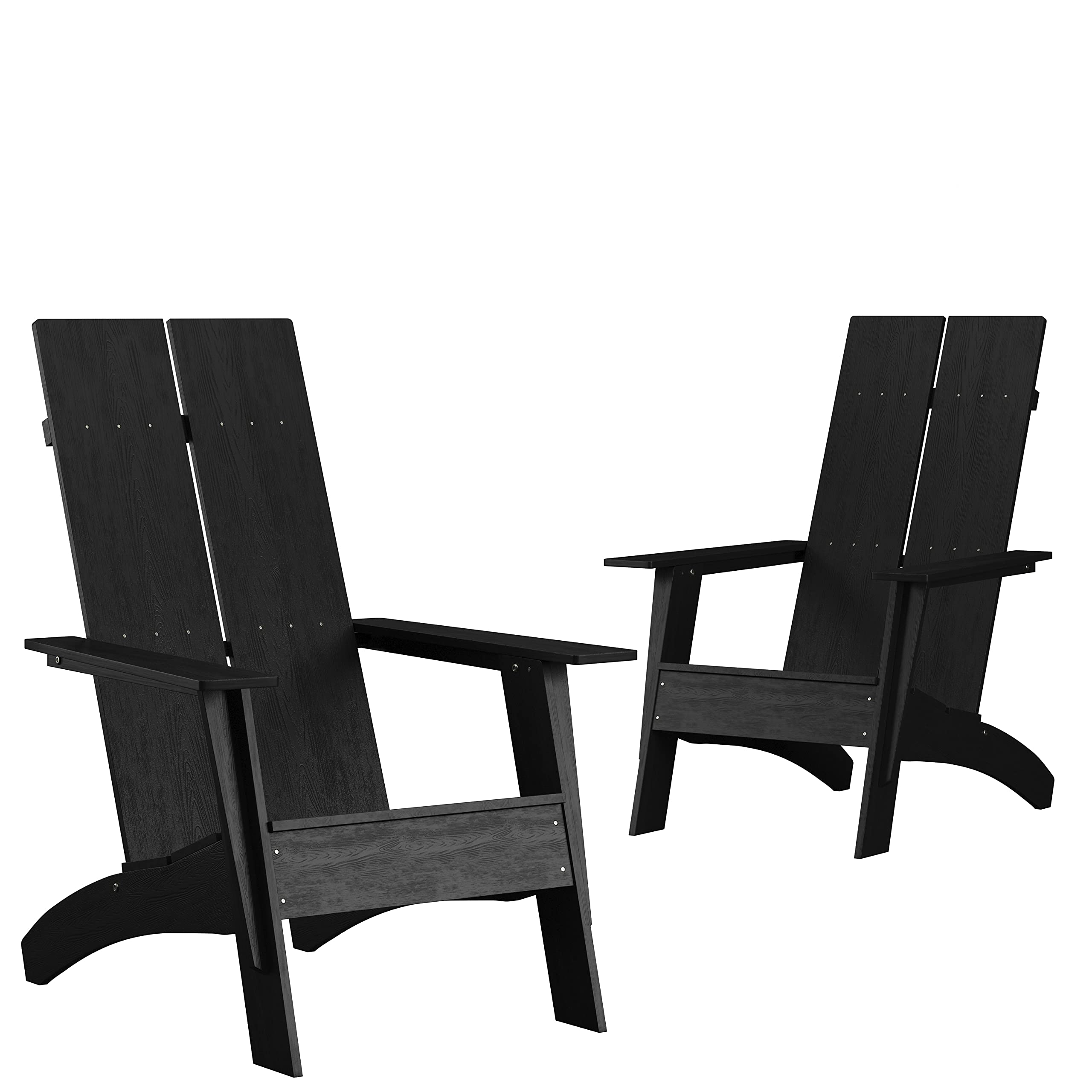 EMMA + OLIVER Set of 2 Black Modern Dual Slat Back Adirondack Chairs for Patio, Garden, Poolside & Indoor Use - Weather-Resistant Outdoor Furniture