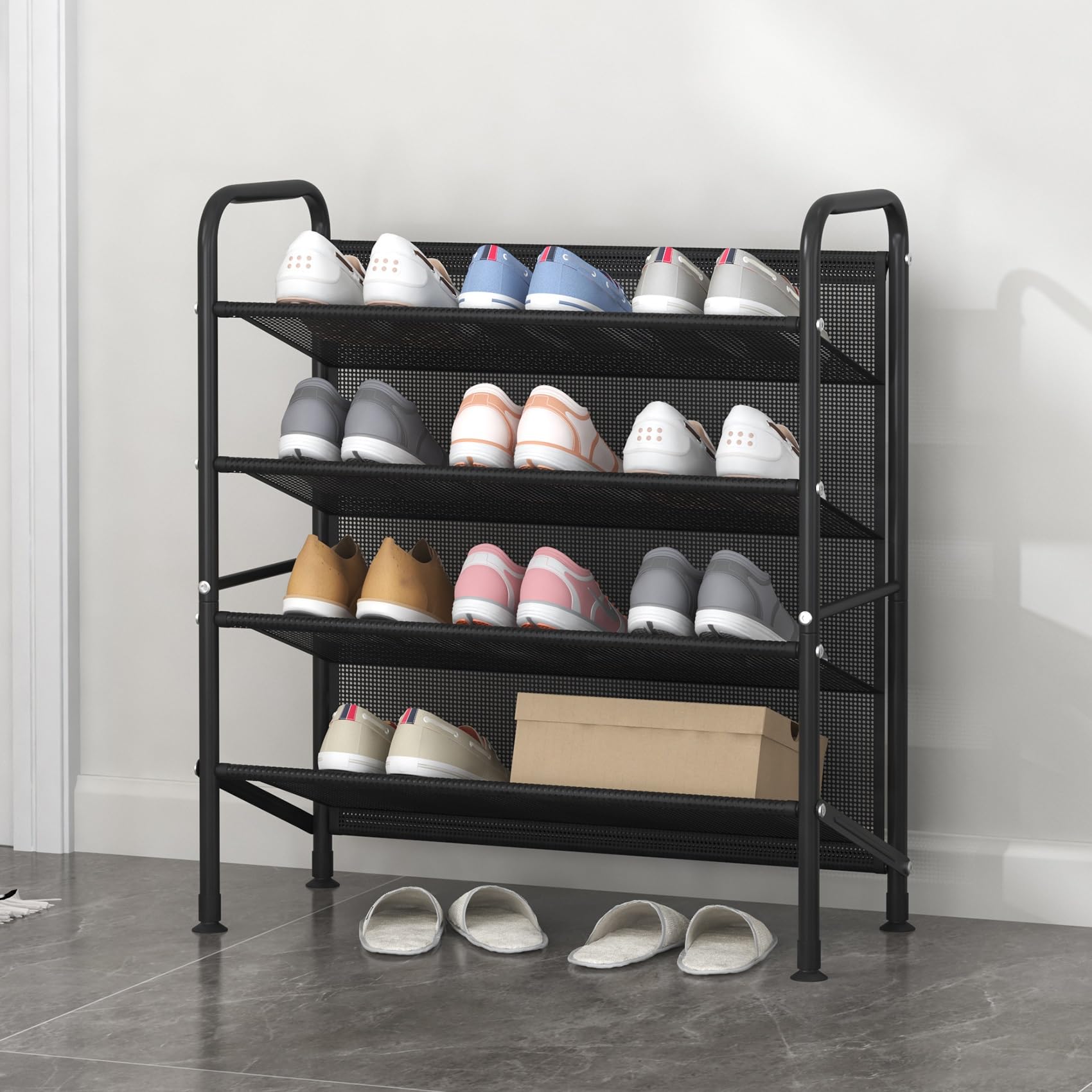 4-Tier Metal Shoe Rack Organizer - Space Saving Narrow Shoe Storage Shelf for Closet, Entryway, Hallway & Dorm Room - Durable Mesh Fabric Design (Black) - Perfect for Small Spaces & Apartment Living