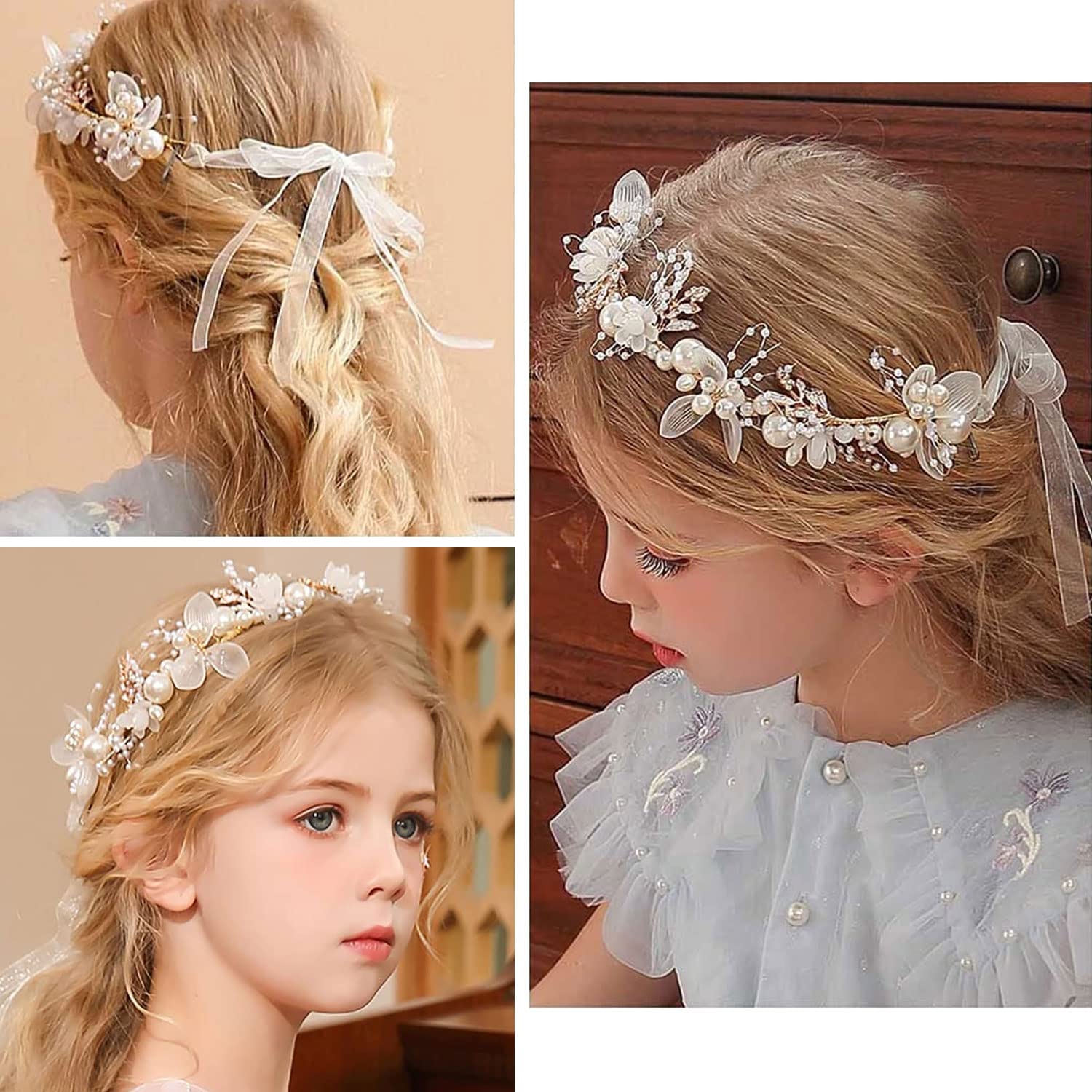 DRERIO Delicate Pearl Flower Girl Headband - Fairy Floral Wedding Hair Accessories, White Crystal Head Vines Crown for Bridesmaids, Flower Girls - Perfect for Weddings, Christmas, Festivals & Special Occasions