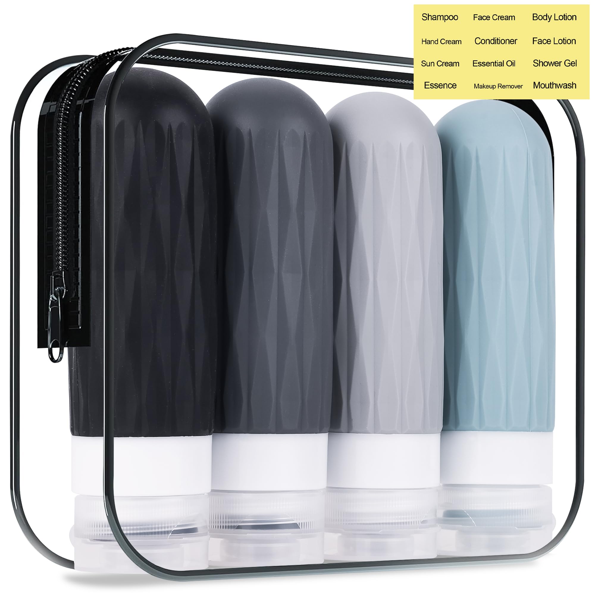TSA Approved 3oz Leakproof Silicone Travel Bottles for Shampoo & Conditioner - Refillable Toiletry Containers for Airplane Carry-On, Gym & Vacation (Grey)