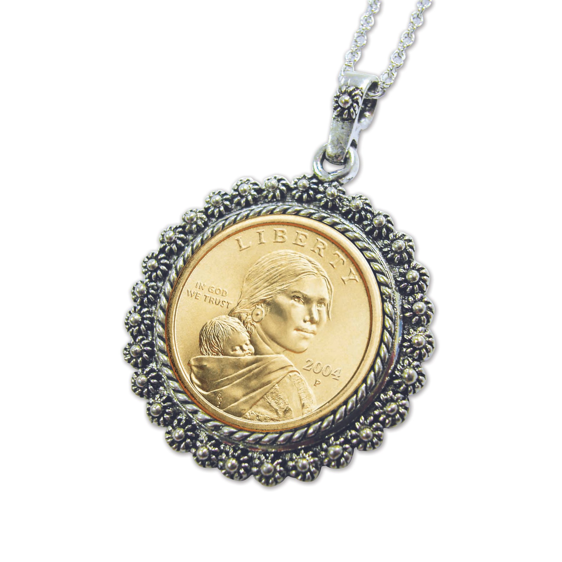Authentic Sacagawea Golden Dollar Coin Pendant Necklace in Silvertone Bezel - US Collectible Jewelry for Women, Gift Idea for Coin Collectors & History Lovers - Perfect for Everyday Wear, Special Occasions & American Heritage Gifts