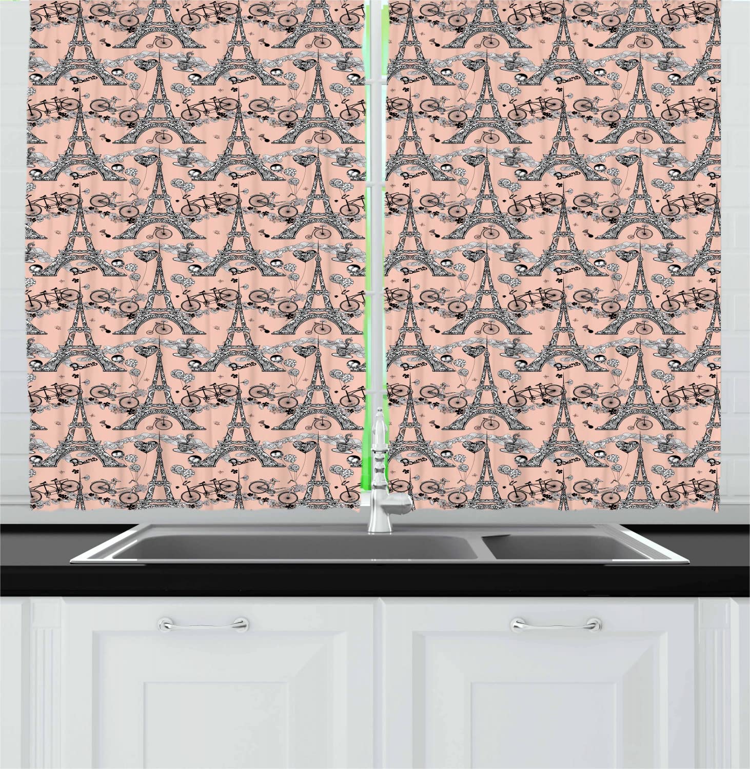 Ambesonne Eiffel Tower Kitchen Curtains - Vintage Bicycle & Coffee Heart Balloon French Theme Window Drapes, 2 Panel Rod Pocket Curtains for Kitchen Decor, 55 x 45 Inches, Pale Salmon Black White - Perfect for French Country Kitchen, Cafe Style Dining Room & Parisian Themed Home Decor