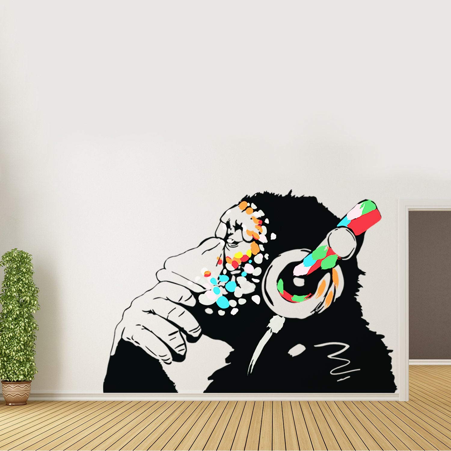 Banksy Thinking Monkey Sticker - Art Vinyl Street Decal with Headphones for Music Lovers - Graffiti Wall Art for Bedroom, Office & Studio Decor - Unique Gift for Artists & Urban Style Fans