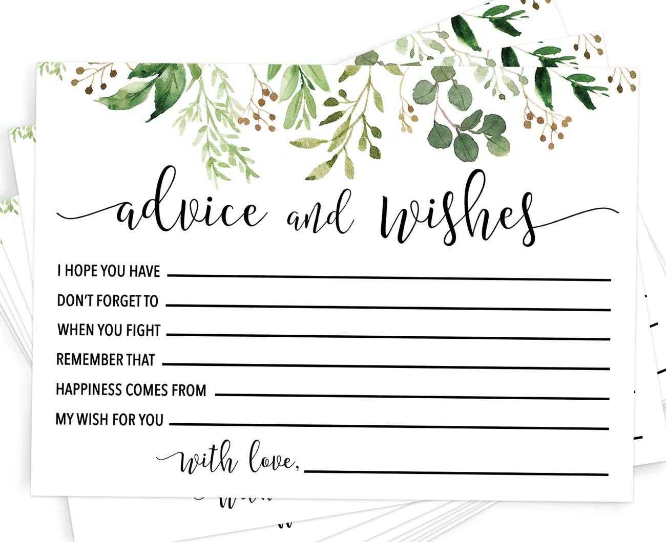 Printed Wedding Advice Cards for Mr & Mrs - Bridal Shower Guest Book Wishes, Games & Favors - 50 Eucalyptus Greenery Decor Cards for Wedding Reception & Bridal Party