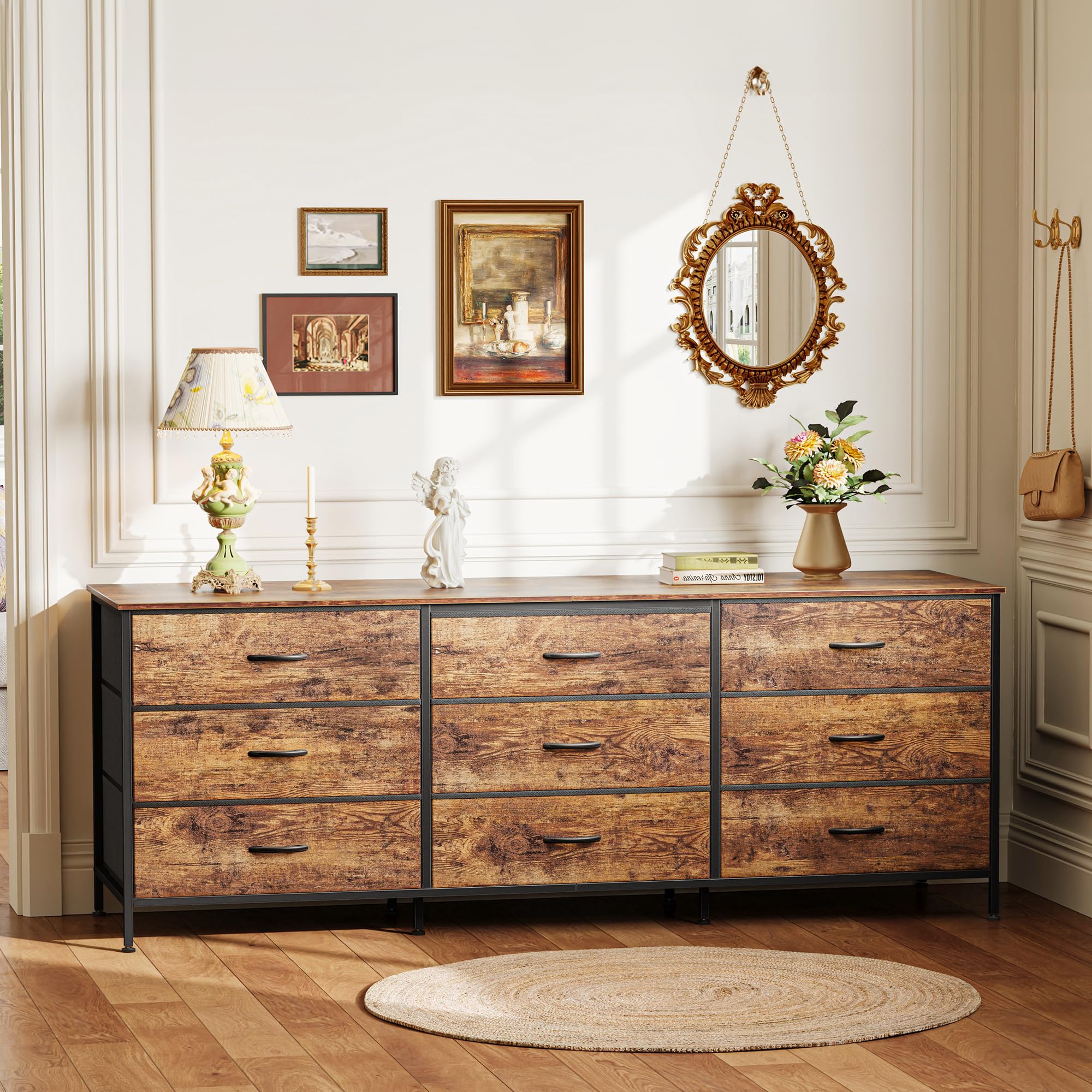 Huuger 63 Inch Rustic Brown Dresser - 9-Drawer Storage Chest for Bedroom & Closet Organization, Large TV Stand Entertainment Center Fits 55/65/70 Inch TVs - Perfect for Master Bedroom, Living Room & Home Office Storage Solutions