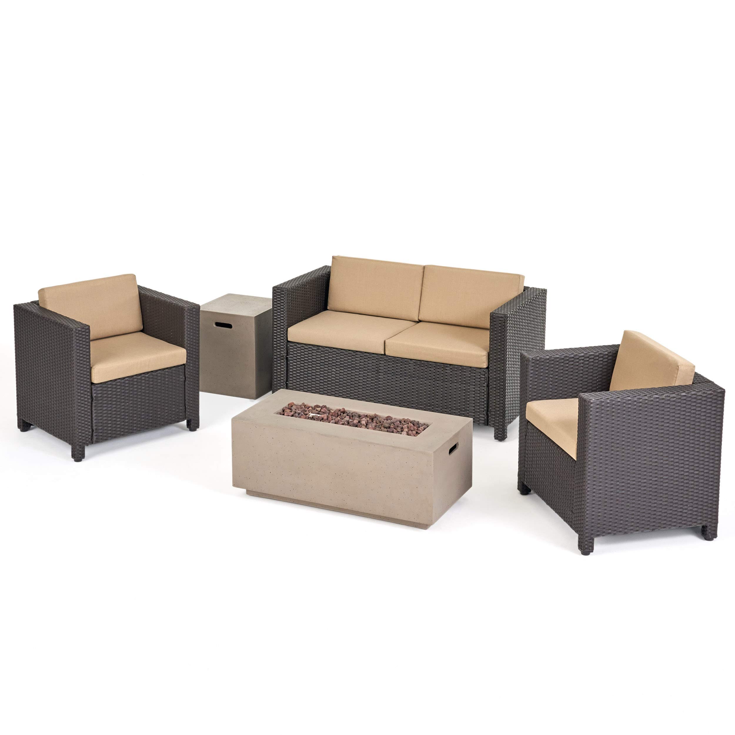 Outdoor 4-Seater Wicker Patio Furniture Set with Fire Pit - Dark Brown & Beige Rattan Conversation Set for Backyard, Garden, Poolside or Deck Relaxation