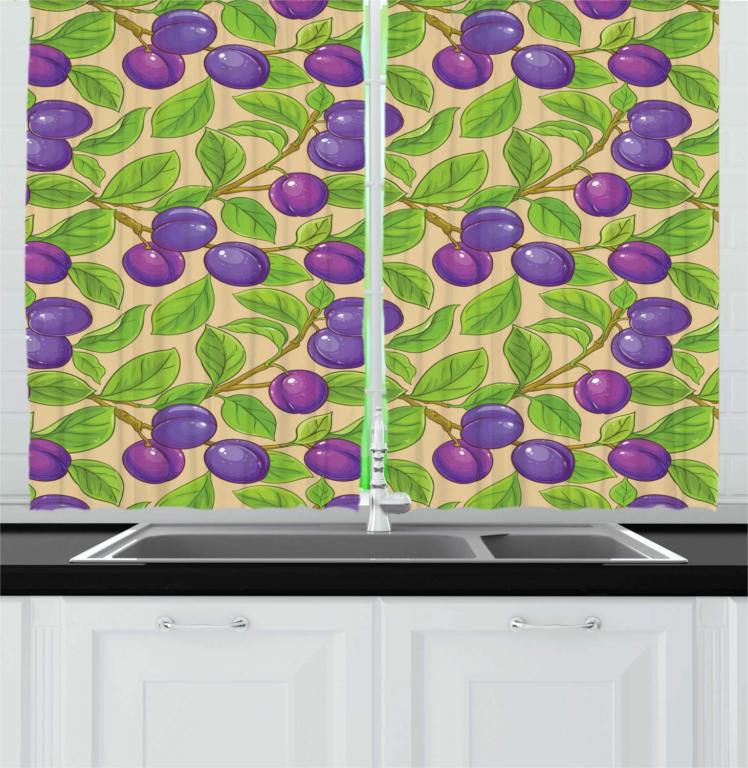 Blue Violet Plums and Leaves Kitchen Curtains - 2 Panel Set for Window Decor, 55