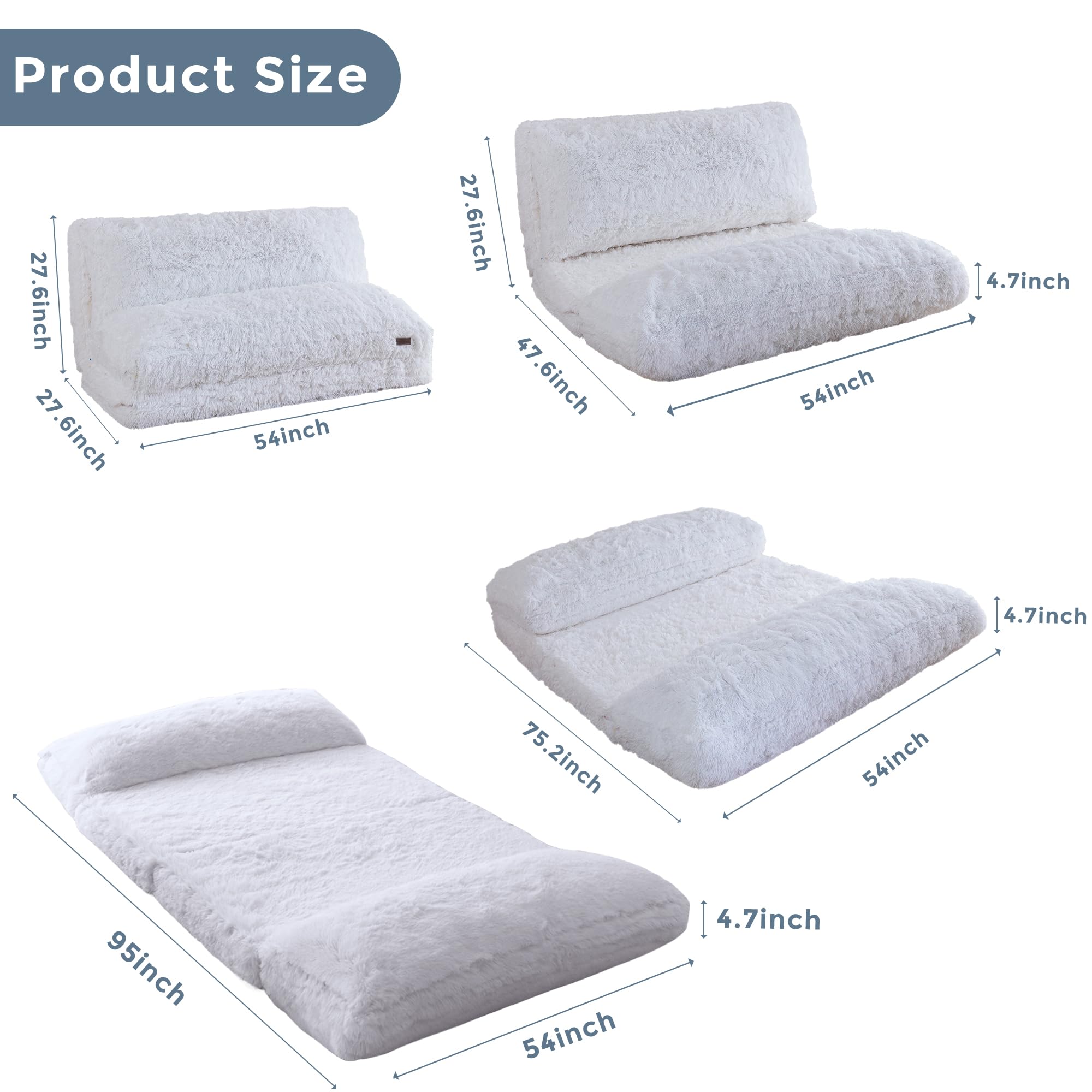 MAXYOYO Faux Fur Bean Bag Chair - Foldable Floor Sofa Bed with Foam Filling, Convertible Wall Couch Sleeper for Living Room, Bedroom & Dorm | White