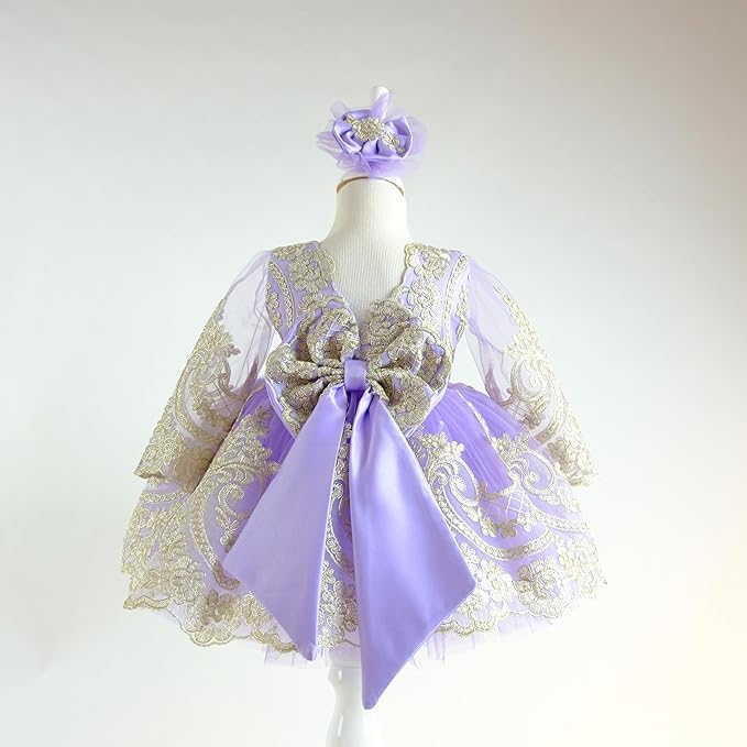 **Lilac Gold Baby Girl Tutu Dress with Bowknot & Lace - Long Sleeve Flower Girl Party Outfit for Infants (6 Months) - Perfect for Christmas, Birthday, Baptism & Special Occasions**
