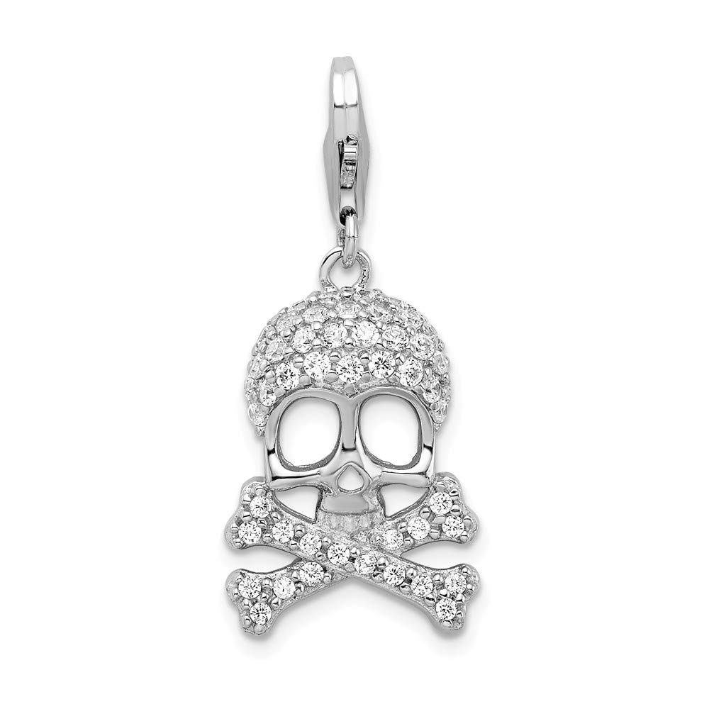 925 Sterling Silver CZ Cubic Zirconia Skull & Crossbones Lobster Clasp Charm Pendant - 39mm x 14mm - Gothic Jewelry for Necklace, Bracelet & DIY Crafting