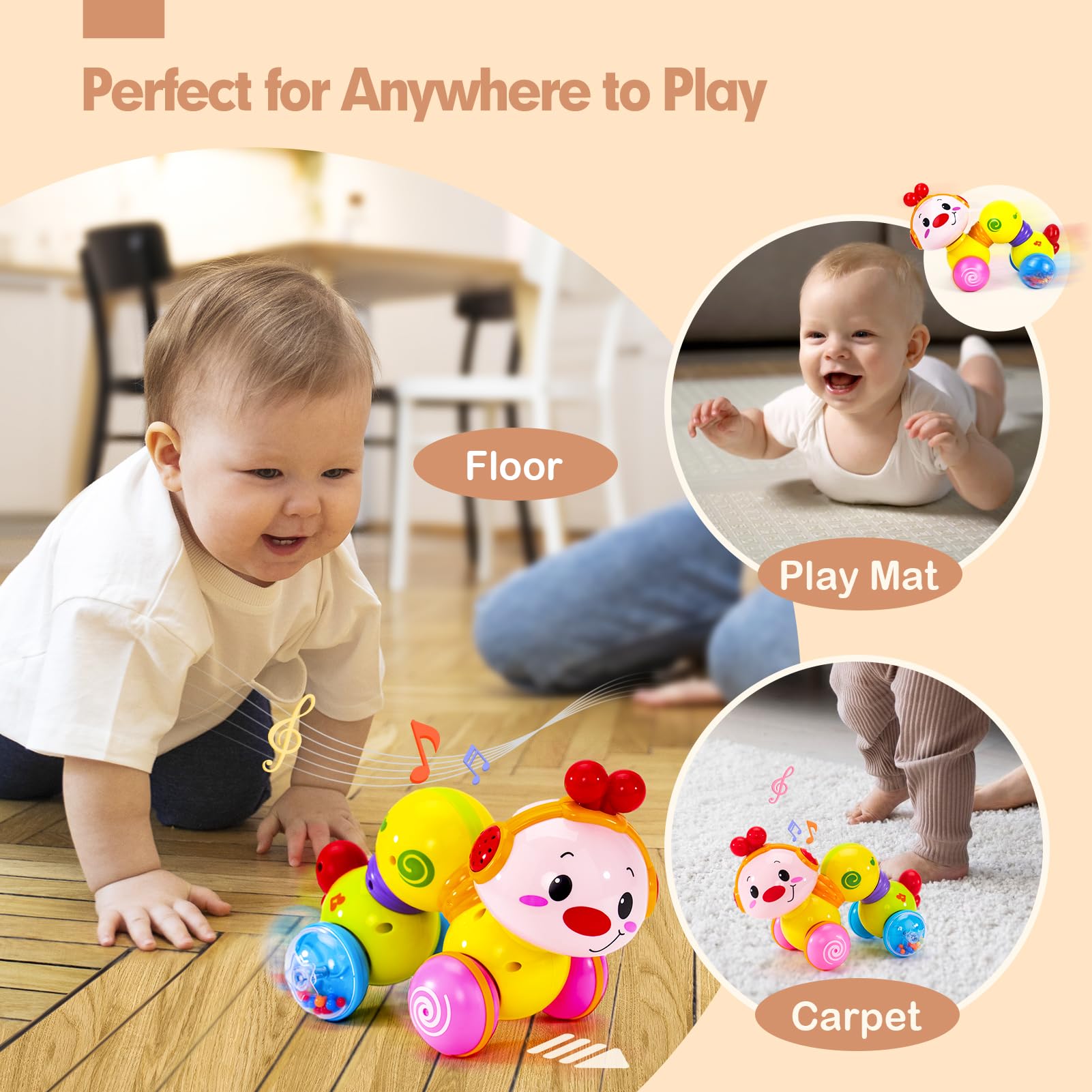 CubicFun Musical Light-Up Crawling Baby Toy - Interactive Press & Go Infant Toy for 6-12 Months Boys & Girls - Perfect for Tummy Time, First Birthday Gifts & Easter Presents