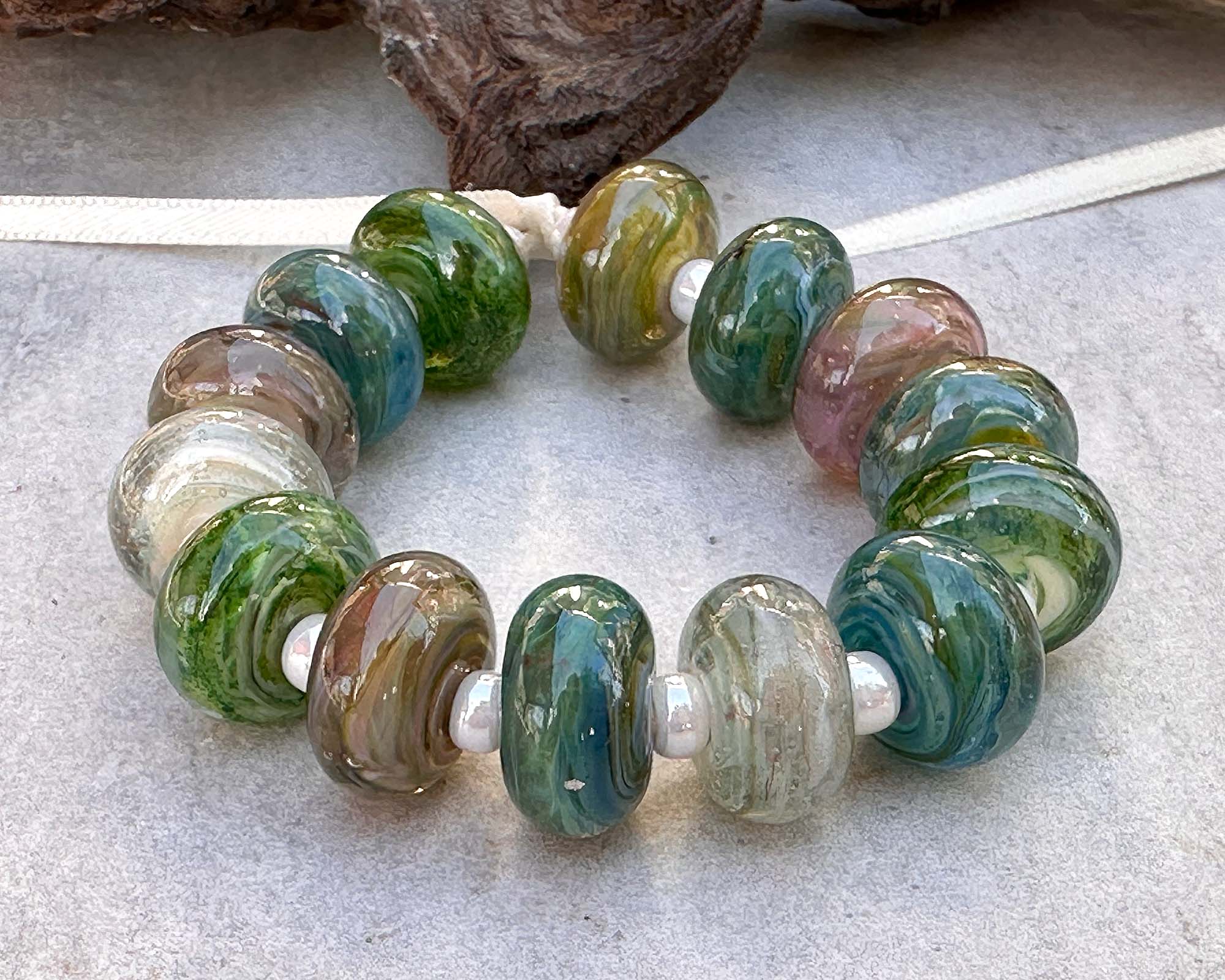 14 Sage Mirage Swirls Lampwork Glass Beads Set - Handmade Jewelry Making Supplies for Necklaces, Bracelets & DIY Crafts (SRA Certified) - Perfect for Boho Style Accessories and Gift Giving