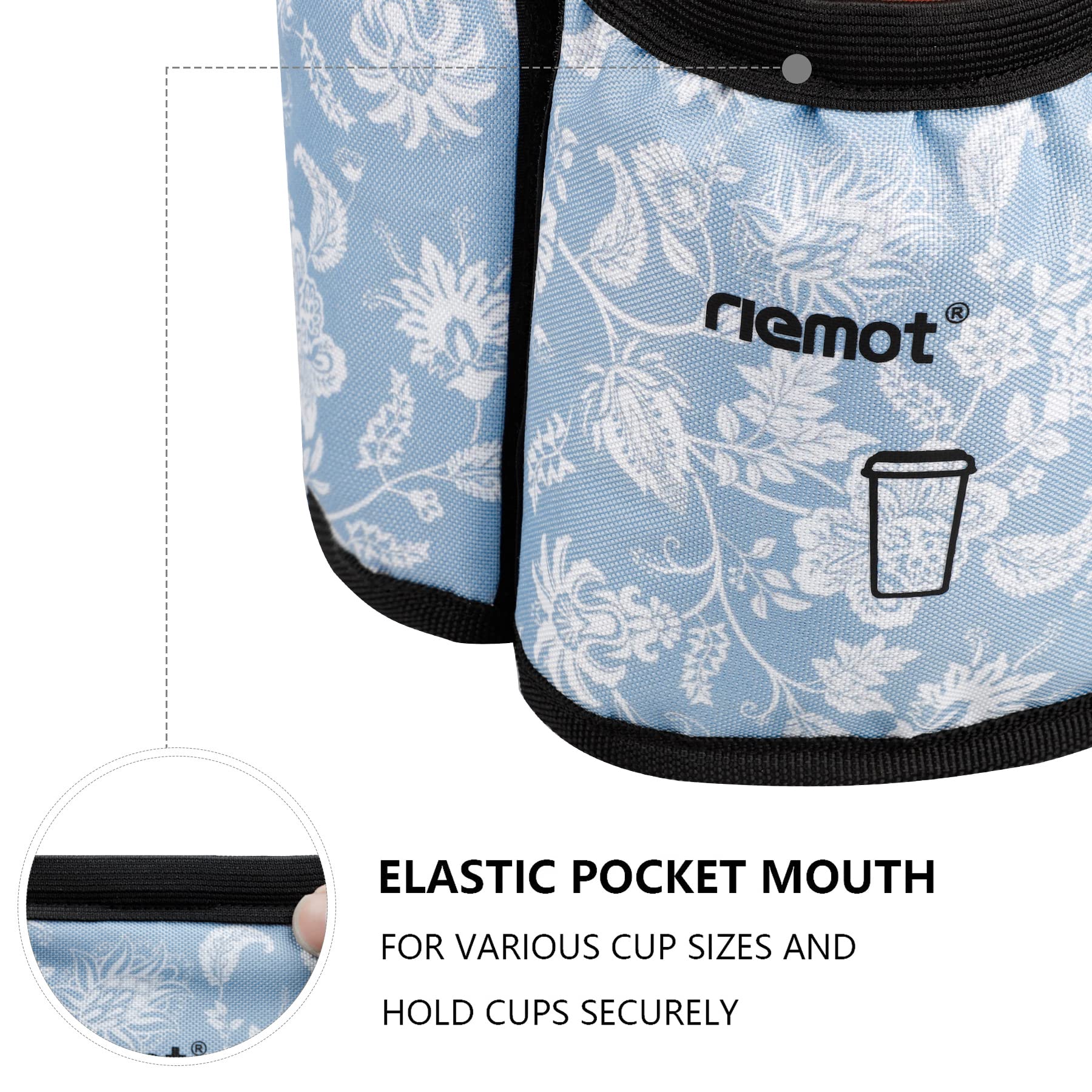 Riemot Travel Cup Holder for Suitcase - 2 Coffee Mug Carrier with Free Hands Design - Fits Roll-On Luggage Handles - Perfect Gift for Flight Attendants & Travelers - Blue Floral Pattern - Ideal for Airports, Commuting & Road Trips