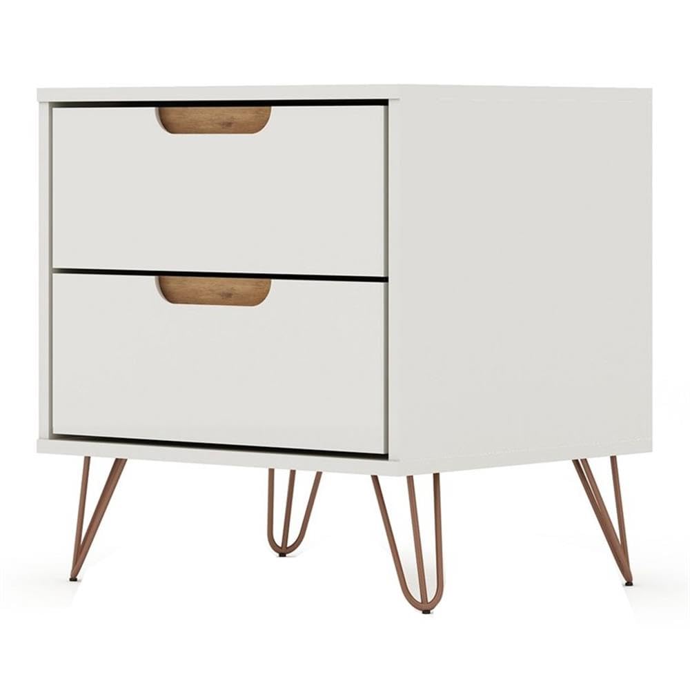 Mid Century Modern Nightstand with Drawers - Minimalist Bedside Table & Storage Organizer for Bedroom - Manhattan Comfort Rockefeller Nightstand in Off White/Nature - Perfect for Small Spaces, Apartment Living & Guest Rooms