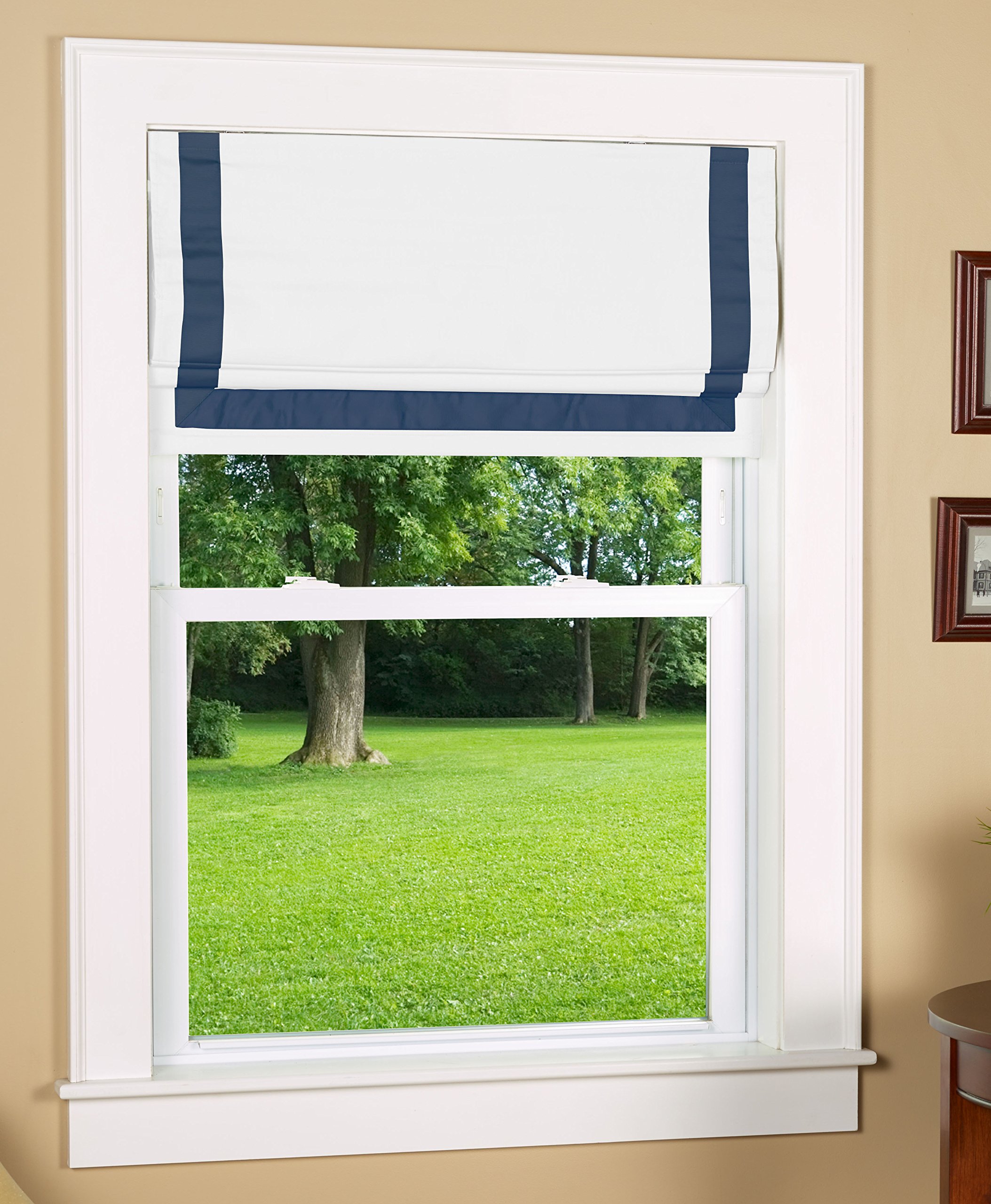 Blackout Cordless Roman Shade - Thermal Insulated Window Treatment with Navy Blue Ribbon Border (23