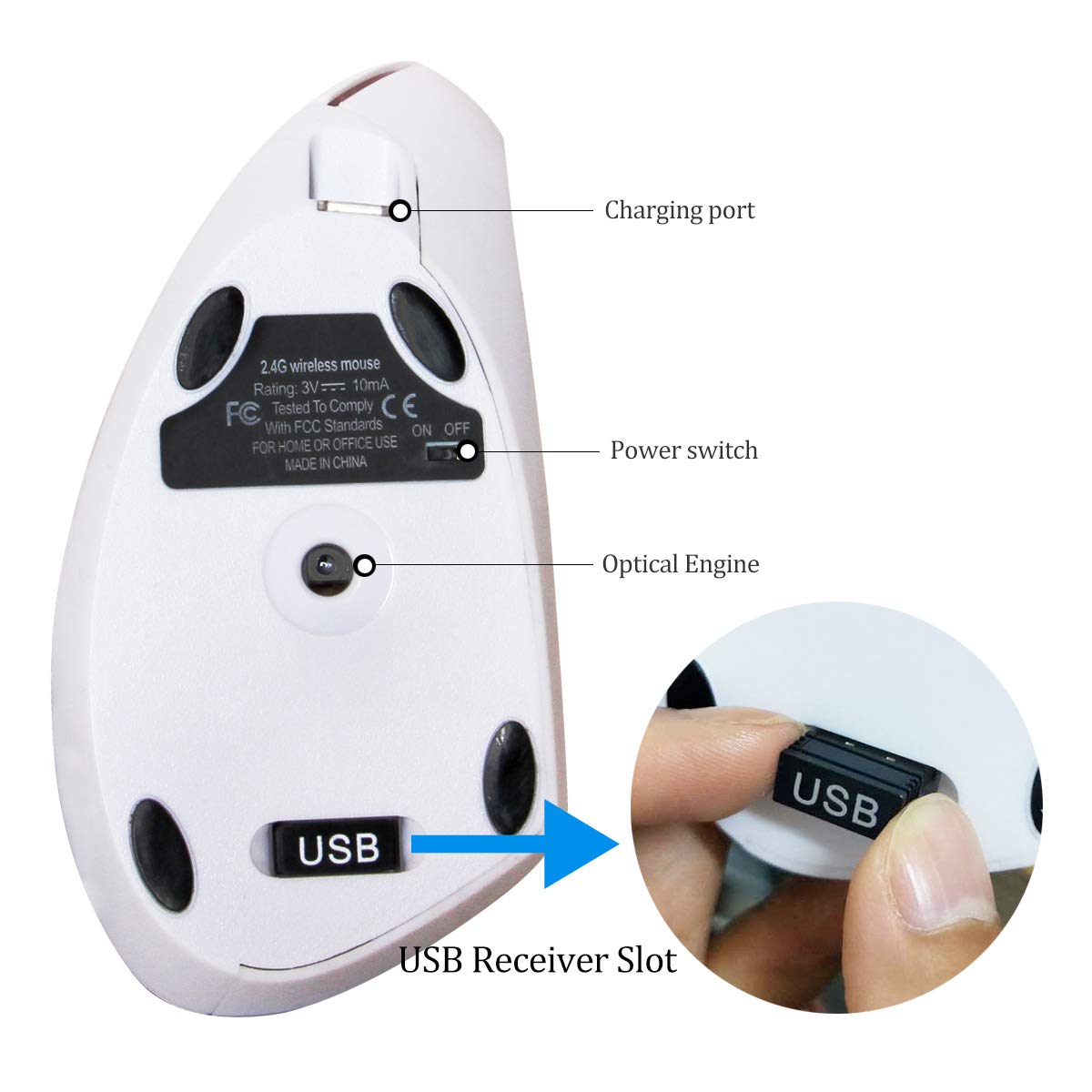 Wireless Ergonomic Mouse 2.4G Rechargeable Vertical Mouse with USB Receiver, 800/1200/1600 DPI, 5 Buttons for Laptop, PC, MacBook - White | Comfortable for Office Work, Gaming & Long Computer Use