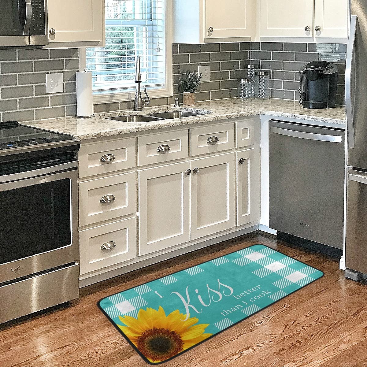 Teal Plaid Sunflower Non-Slip Kitchen Rug - Washable Buffalo Check Anti-Fatigue Floor Mat for Kitchen - Perfect for Cooking, Dishwashing & Standing Comfort