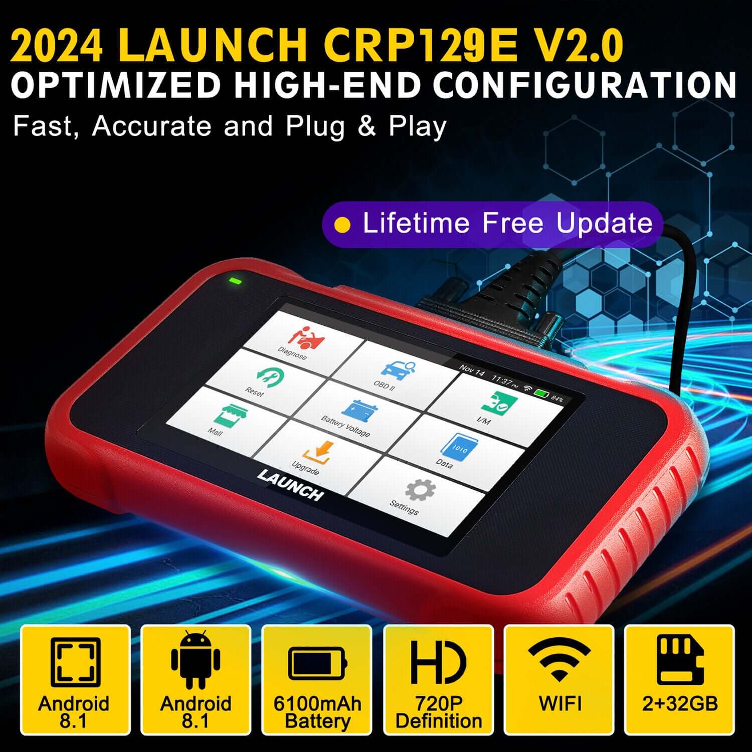 2025 LAUNCH CRP129E V2.0 Elite OBD2 Scanner - Professional Diagnostic Tool for Engine, ABS, SRS & Transmission with 12 Resets | Injector Coding, ABS Bleed, Oil/EPB/TPMS | FCA AutoAuth, Auto VIN | Free Lifetime Updates | Perfect for Mechanics & DIY Car Repair