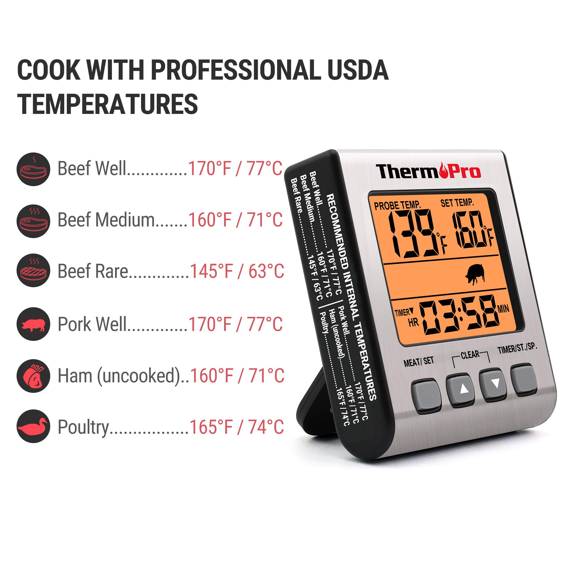 ThermoPro TP16S Digital Meat Thermometer for Grilling & BBQ - Smart Timer Mode & Backlight - Perfect for Cooking, Smoking, and Outdoor Cooking