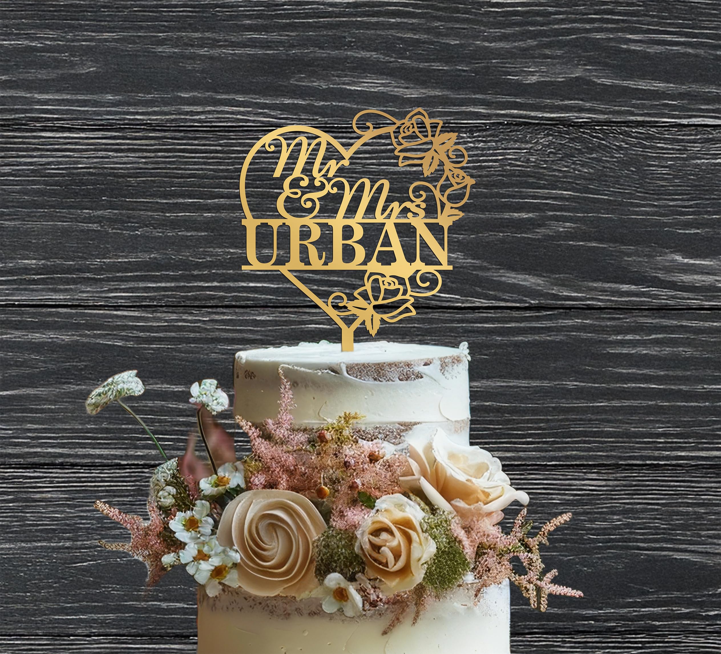 Personalized Mr. & Mrs. Wedding Cake Topper - Rustic Heart Design with Rose Gold Finish - Custom Last Name Cake Topper for Weddings & Anniversaries - Perfect for Rustic, Vintage or Romantic Wedding Themes