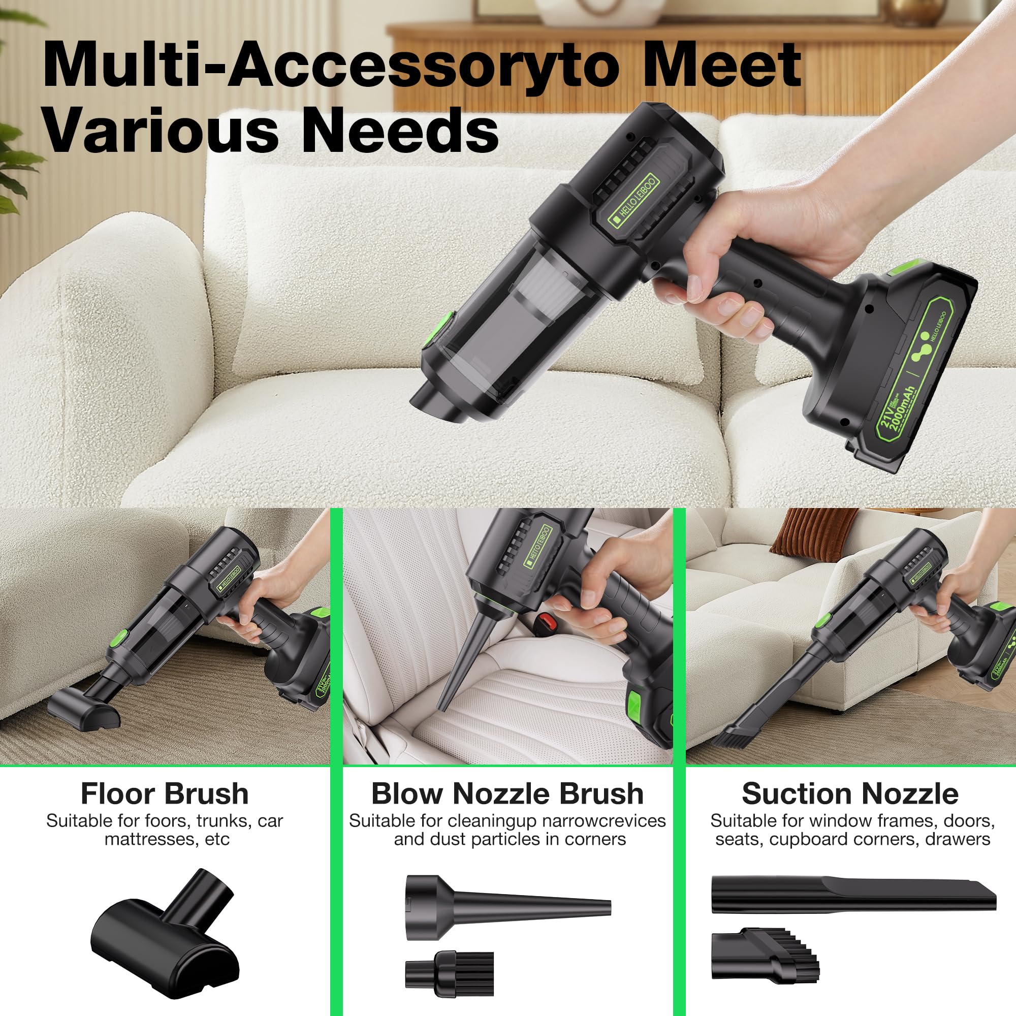 helloleiboo 4-in-1 Cordless Handheld Vacuum Cleaner - 16000PA Powerful 21V Rechargeable Car Vacuum with Removable Battery & Multi-Nozzles for Home, Office, Pet Hair Cleaning (Green) - Perfect for Cars, Sofas, Stairs & Pet Areas