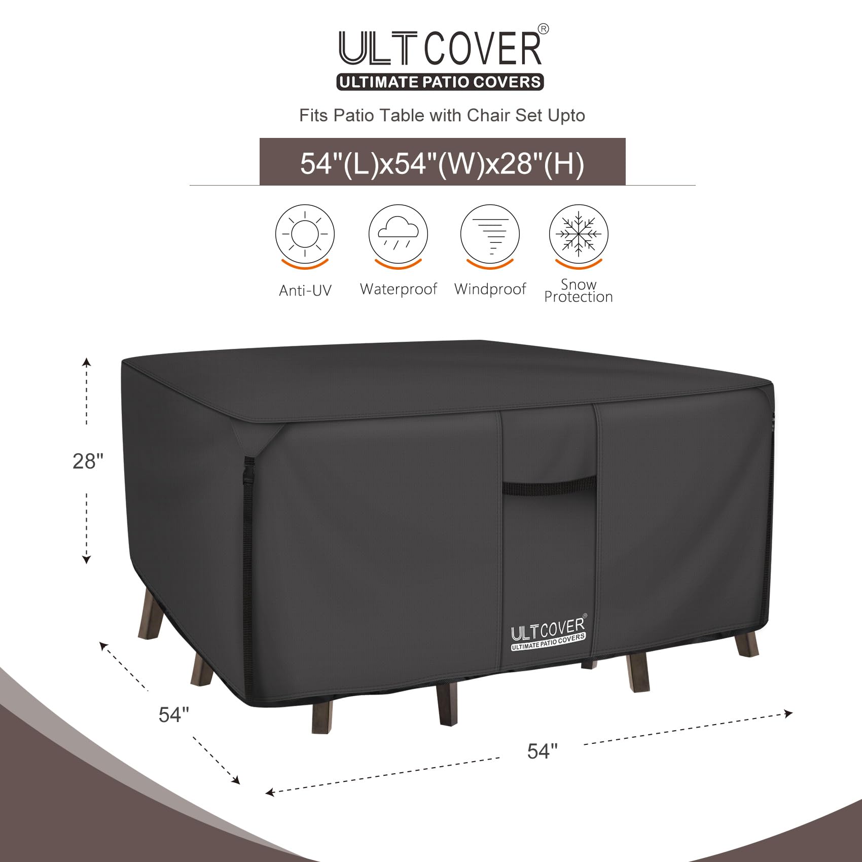ULTCOVER 600D Heavy Duty Waterproof Square Patio Table and Chair Cover - 54 Inch Outdoor Furniture Protector, Durable 600D Oxford Fabric, All Weather Protection for Patio, Deck, Garden (Black) - Perfect for Backyard BBQs, Poolside Lounging & Outdoor Dining