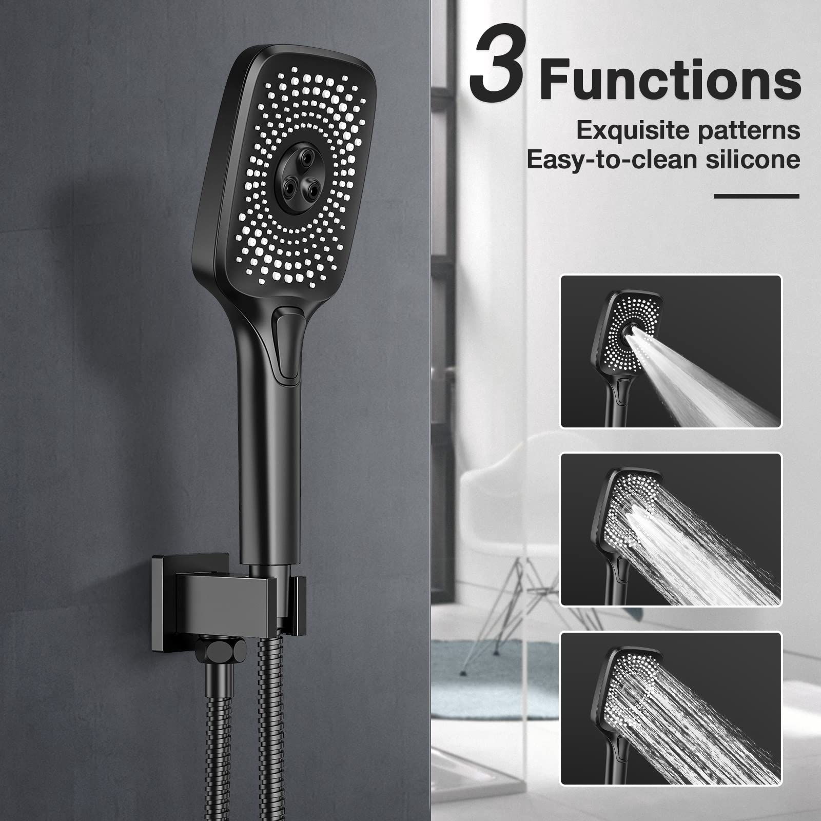 Premium Black Stainless Steel Shower Faucet Set - 10 Inch Rainfall Shower Head with Handheld Spray - 3 Function Shower System - Brass Pressure Balance Valve - Perfect for Modern Bathroom & Spa Experience