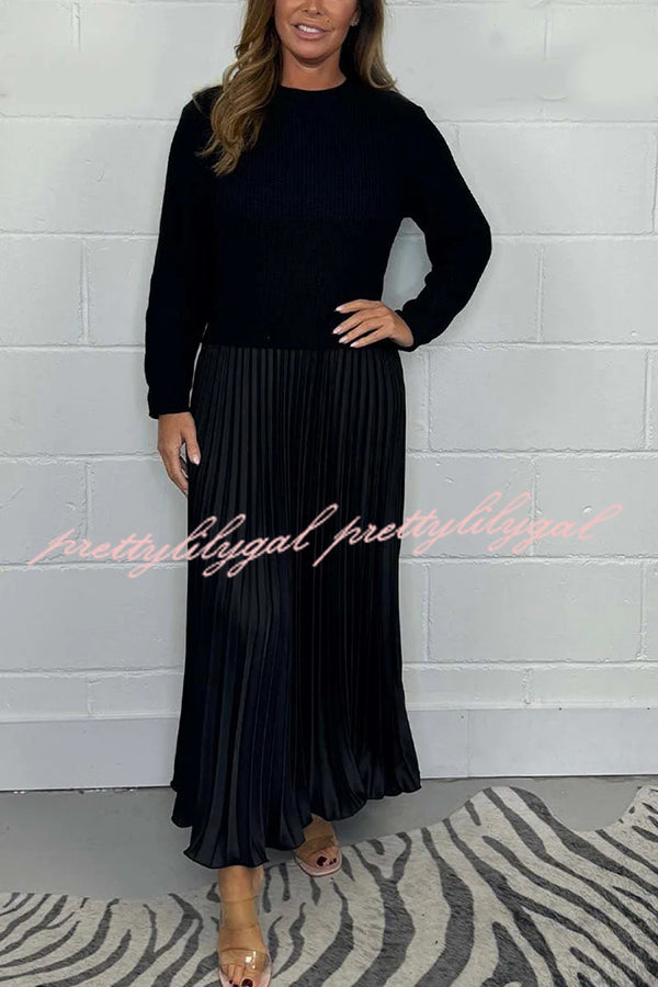 Stylish Knitted Round Neck Long Sleeve Patchwork Pleated Hem Maxi Dress for Women | Elegant Boho Chic Winter Dress | Perfect for Holiday Parties, Date Nights & Casual Outings