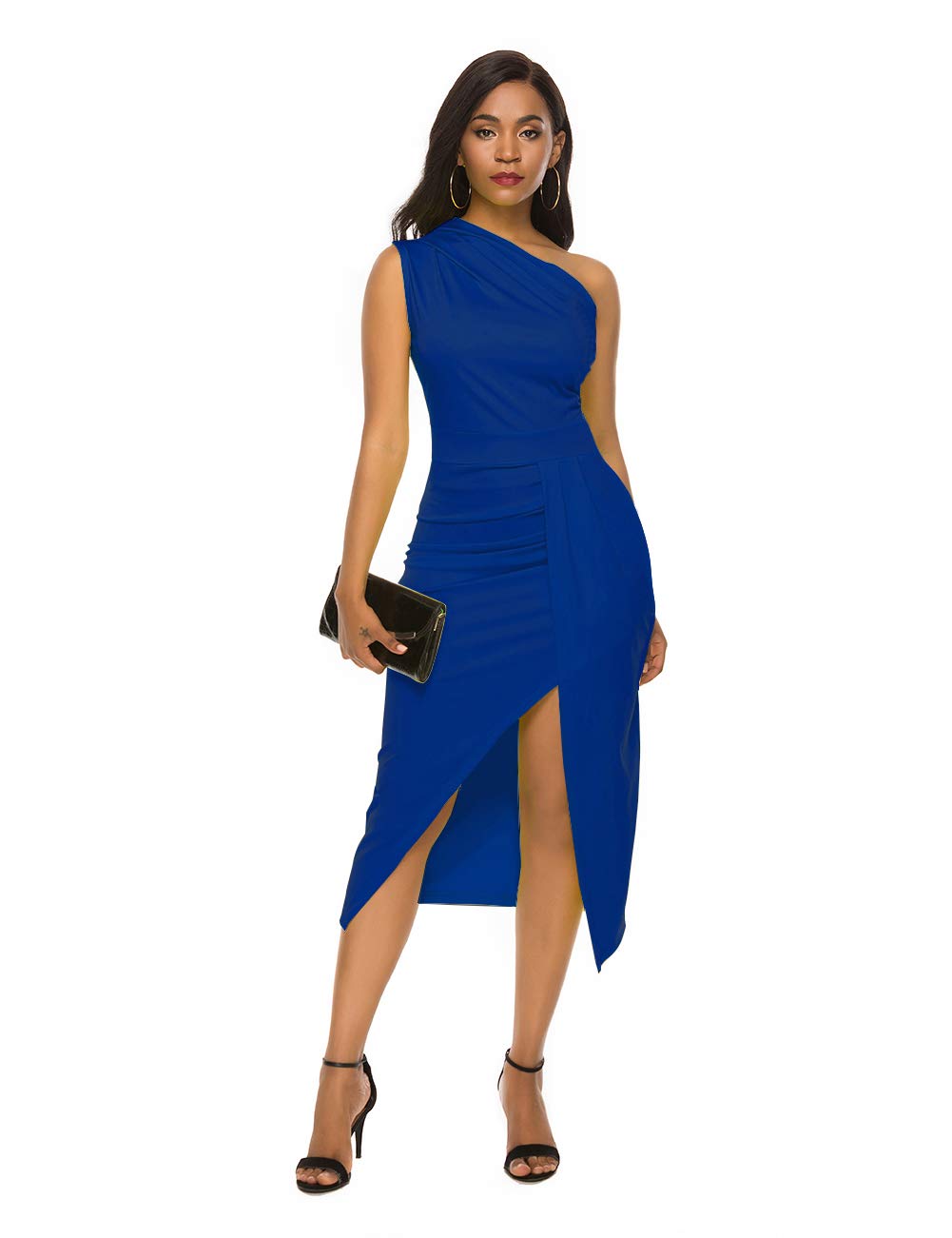 Elegant One Shoulder Sleeveless Ruched Cocktail Dress for Women - High Slit, Solid Color Party Gown for Night Out, Wedding Guest, and Special Occasions