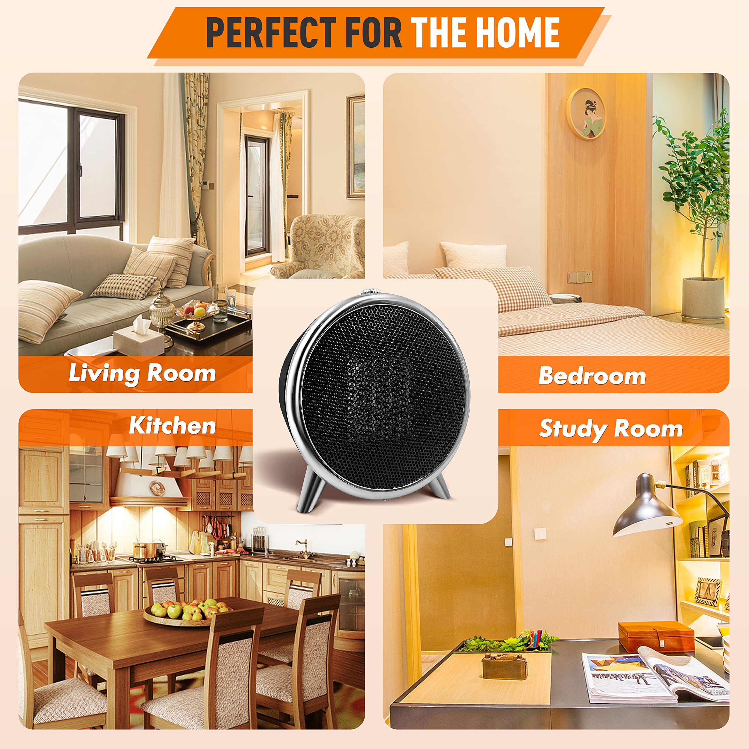 1500W Portable Electric Space Heater with Thermostat - Fast Heating Indoor Heater for Bedroom, Office & Desktop Use - Overheat Protection & Safety Tip-Over Switch - Black