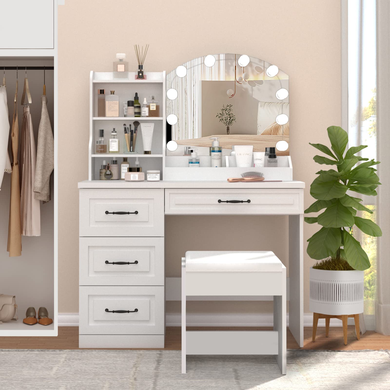 Vabches Makeup Vanity Desk with LED Lights & 4 Drawers - White Dressing Table with Large Storage (39.4 Inch), 3 Color Lighting Modes - Perfect for Bedroom, Dressing Room & Beauty Salon