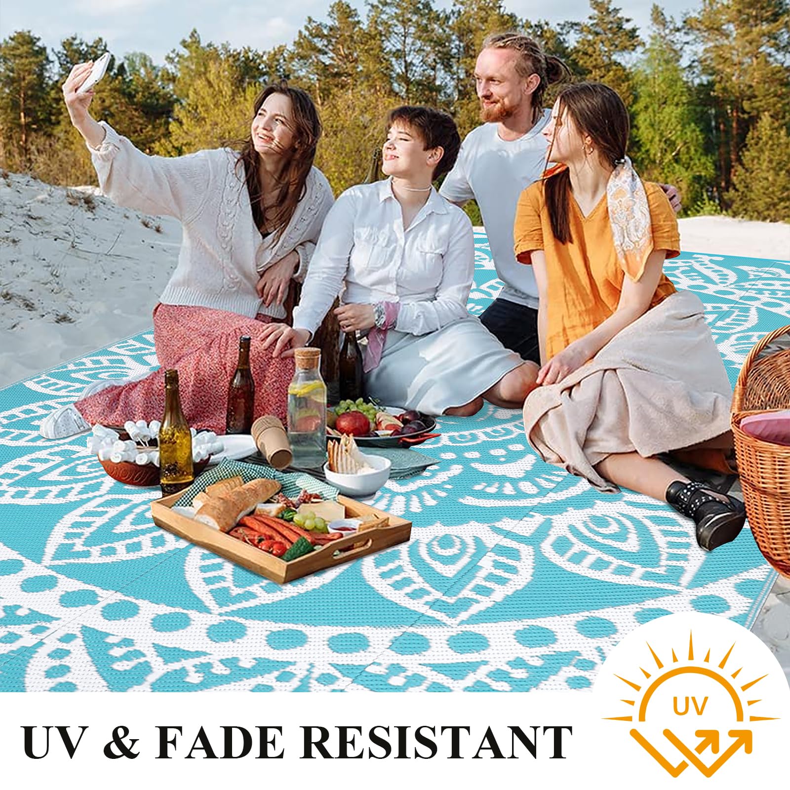 Bsmathom 6x9 Outdoor Plastic Straw Rug - Large Waterproof Reversible Mat for Patio, Camping, RV, Picnic, Beach, Backyard & Pool Deck - Durable & Portable Teal Rug for Outdoor Decor & Summer Gatherings