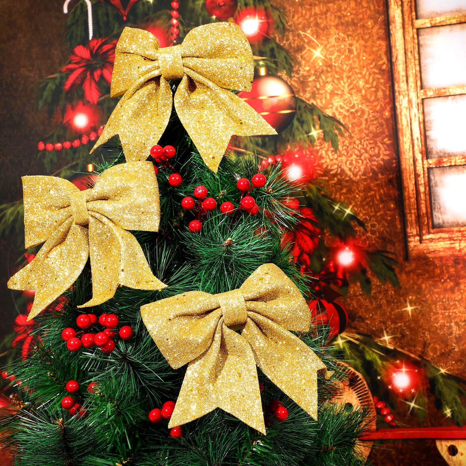 WILLBOND 6-Pack 7.2 Inch Gold Glitter Christmas Bows - Premium Holiday Ribbon Bows for Wreaths, Gifts, Tree Decorations & Party Decor - Perfect for Christmas Home Decor, Gift Wrapping & Festive Celebrations