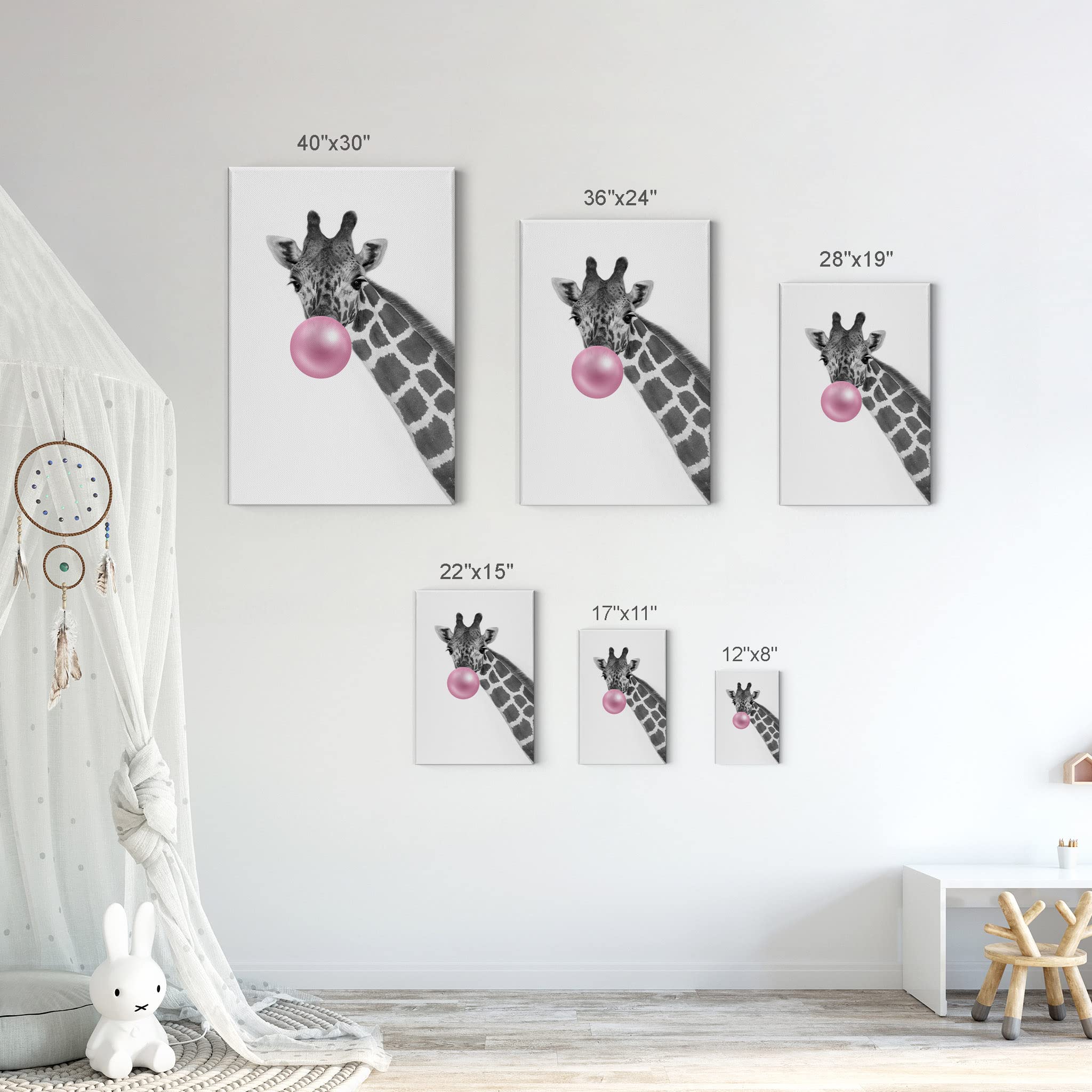 Smile Art Design Giraffe Animal Canvas Print - Pink Bubble Gum Art, Black & White Wall Decor for Nursery, Kids Room - Handmade in USA, 40x30 Inch, Ready to Hang - Perfect for Baby Showers, Children's Bedrooms & Playroom Decor