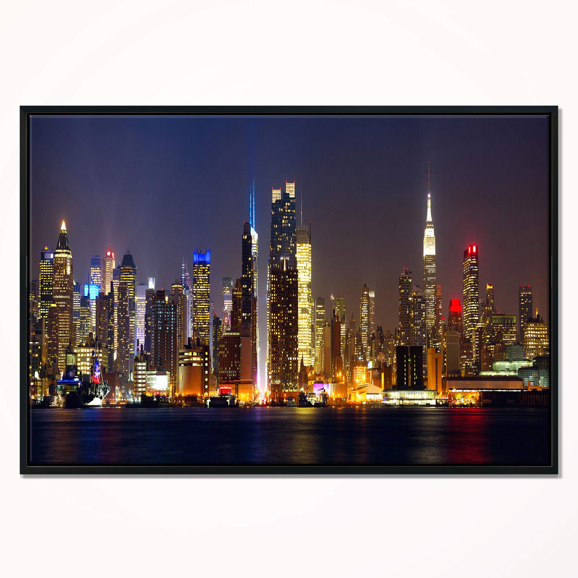 DesignArt New York Skyline at Night - Framed Cityscape Canvas Wall Art Print for Living Room, Bedroom & Office Decor