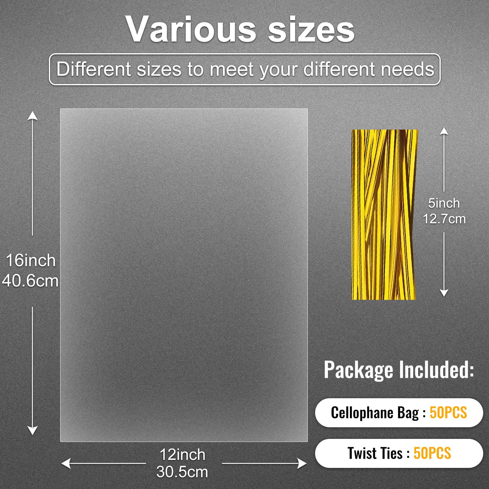 OYAVISR 50pcs 12x16 Inch Clear Cellophane Candy Bags with Ties - Party Favor, Goodie, Cake Pop, Gift, Apple & Cookie Bags for Bakery, Birthday, Baby Shower, Wedding Favors and Holiday Gift Baskets