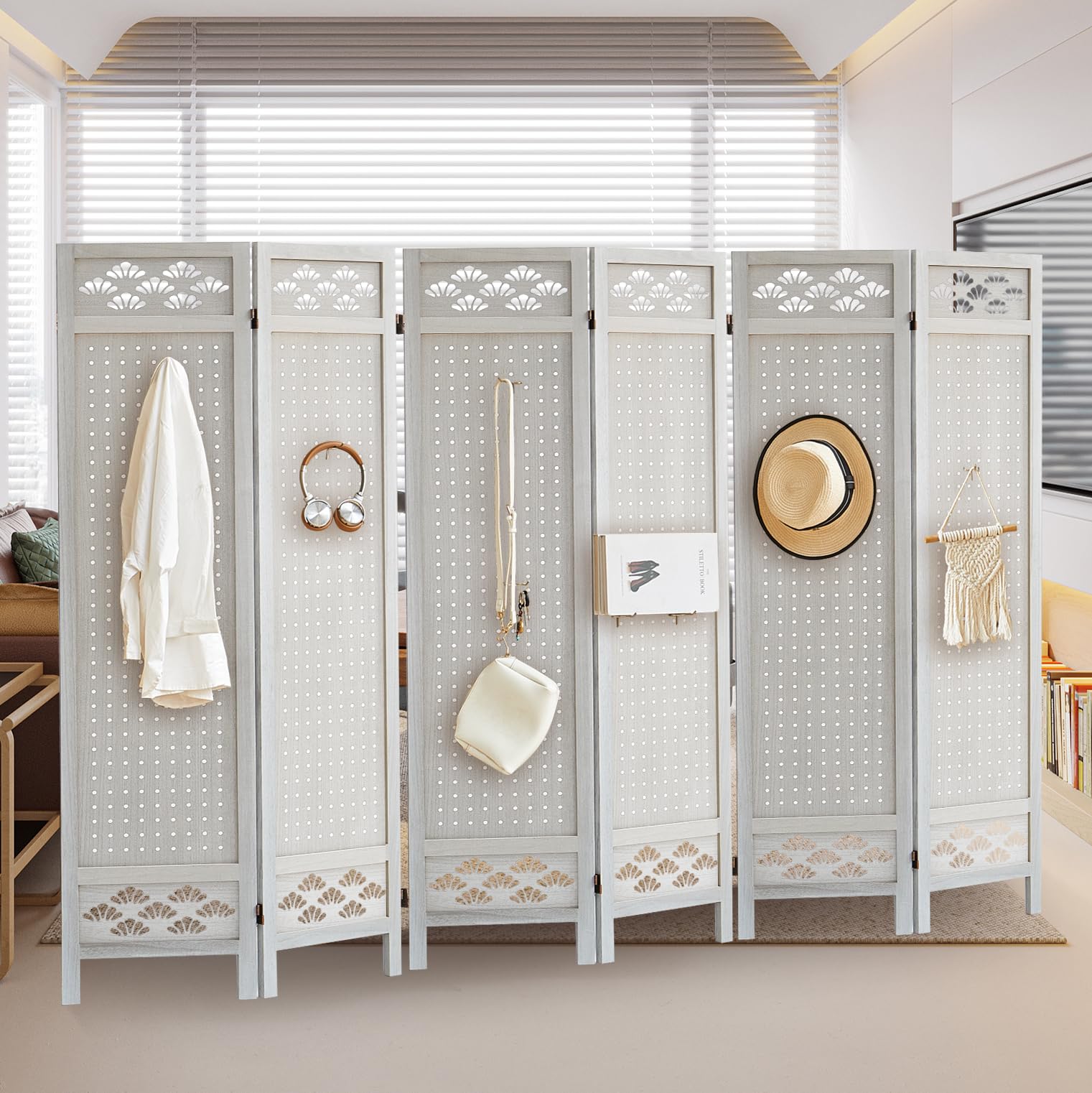 6 Panel Wooden Room Divider with Pegboard & 24 Hooks - Portable Folding Privacy Screen for Craft Shows, Jewelry Displays, Home & Store Organization - Perfect for Bedroom Partition, Retail Displays & Event Booths