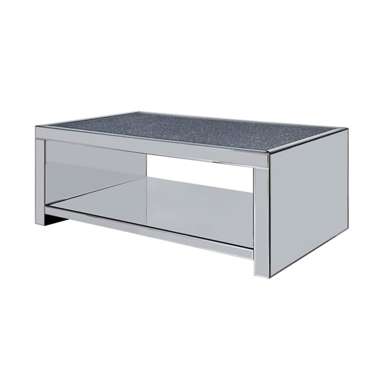 Benjara Modern Wood and Mirror Coffee Table with One Shelf - Clear Glass Top - Stylish Living Room Furniture for Home Decor