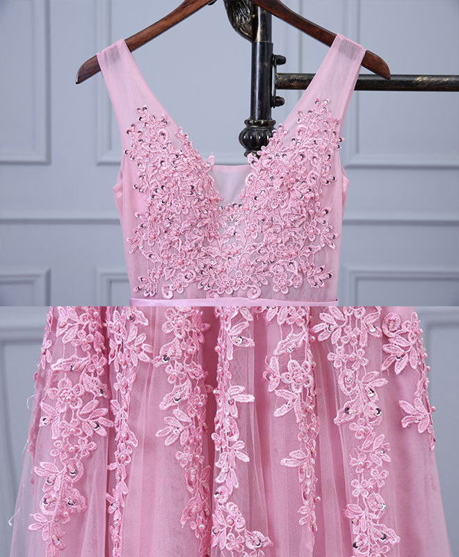 Elegant Pink V-Neck Lace Tulle Long Prom Dress for Women - Formal Evening Gown for Homecoming, Wedding Guest & Special Occasions