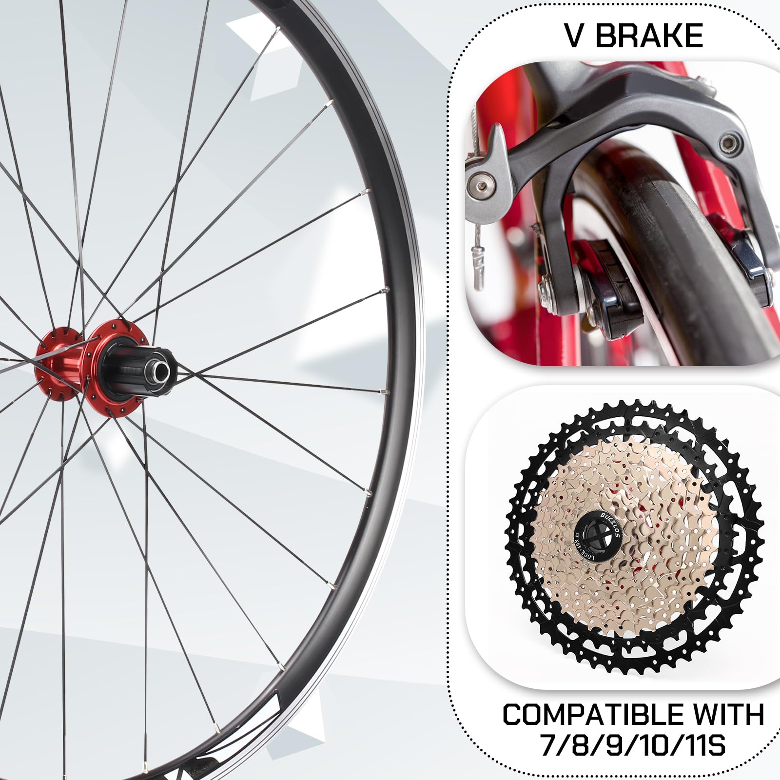**BUCKLOS 700c Road Bike Wheelset - Aluminum Alloy QR Wheels with V-Brake Clincher, Double Wall Flat Spokes for 7-11 Speed Bikes - Perfect for Commuting, Racing & Fitness Cycling**