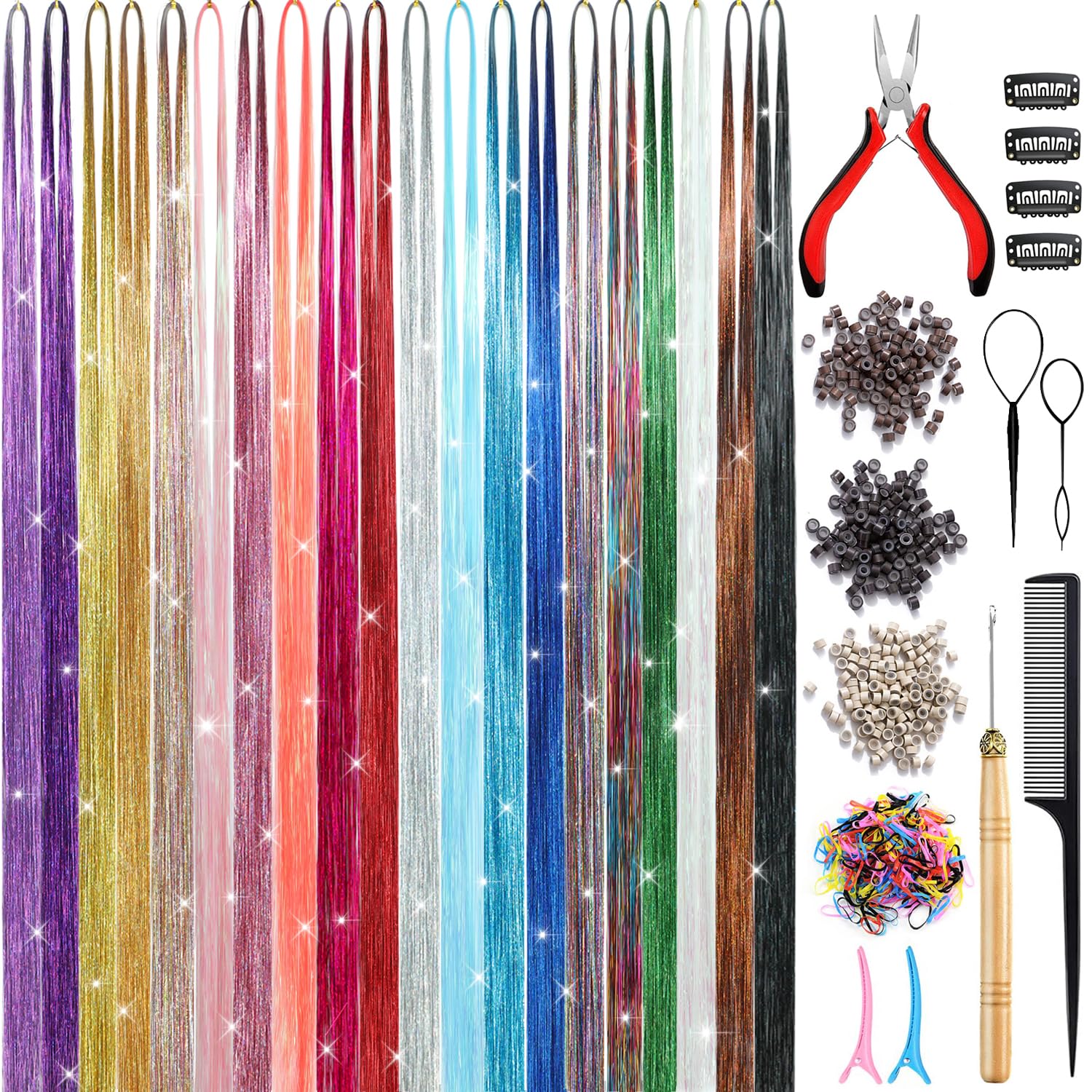 20 Colors Sparkly Hair Tinsel Kit - 4400 Strands 48