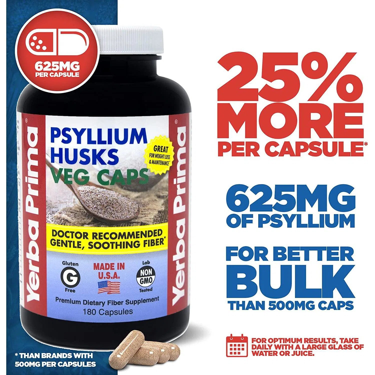 Yerba Prima Psyllium Husks Veg Caps - 100% Pure Natural Fiber Supplement for Digestive Health & Weight Management - Perfect for Smoothies, Baking & Daily Wellness Routine