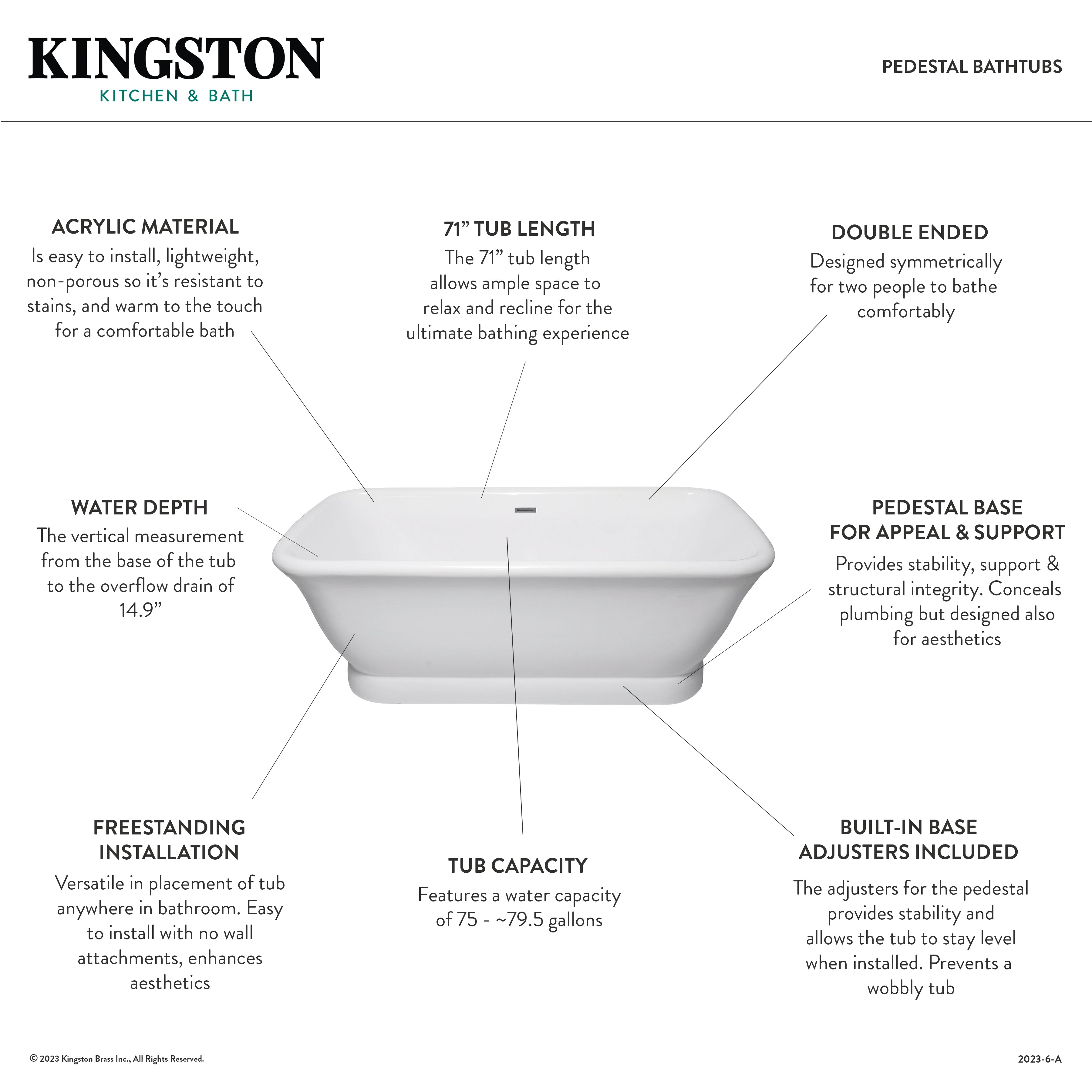 Aqua Eden VTDE713524WA 71 Inch White Acrylic Oval Rectangular Double-Ended Pedestal Bathtub with Drain - No Faucet Drillings - Glossy Finish for Luxury Bathroom & Spa Relaxation