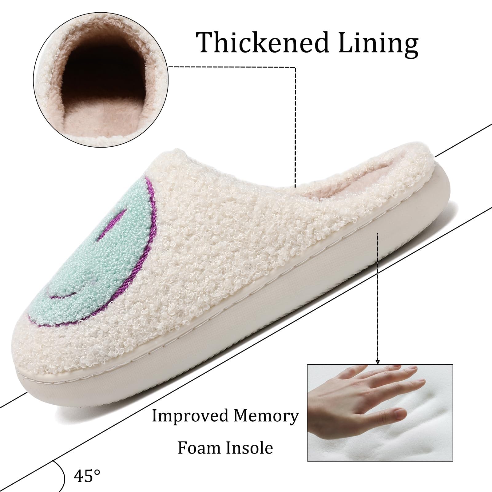 Quish Smile Face Slippers for Women & Men - Fuzzy Memory Foam House Slippers with Faux Fur Lining - Warm Plush Indoor/Outdoor Bedroom Shoes for Comfort - Perfect for Relaxing at Home, Lounging & Winter Wear