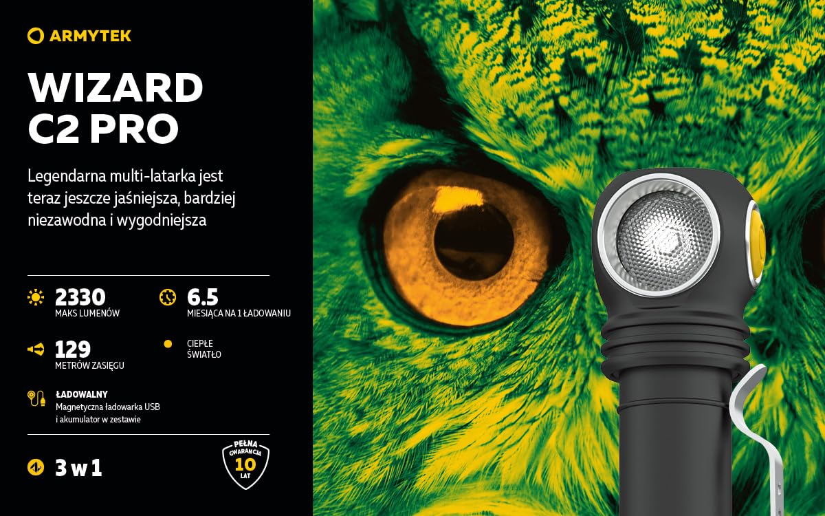 Armytek Wizard C2 Pro DE V4 USB Rechargeable LED Headlamp - Warm White Light for Camping, Hiking & Outdoor Adventures