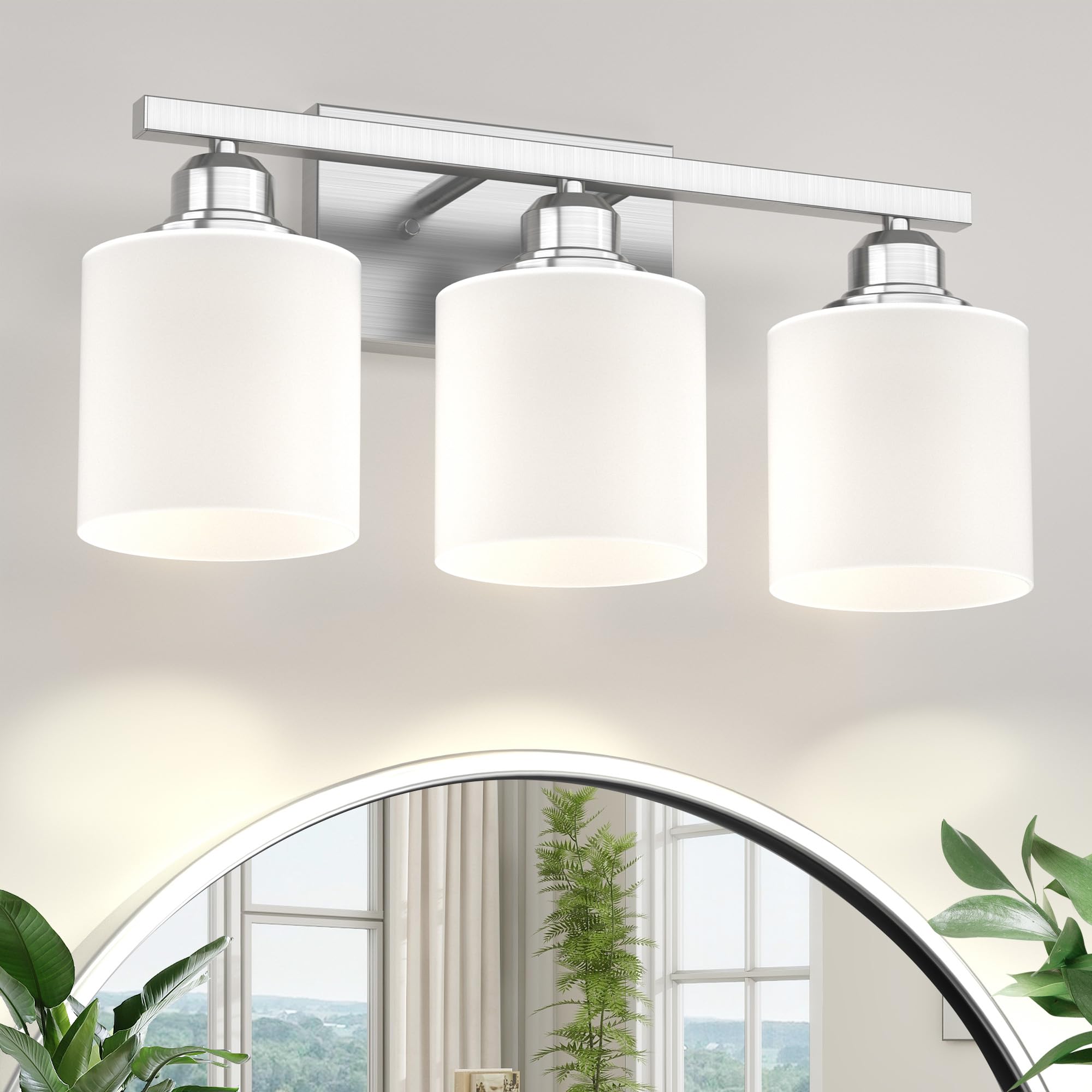 Sailstar Modern 3-Light Bathroom Vanity Light Fixture - Brushed Nickel Finish with Glass Shade, Rust-Resistant for Small Spaces (Bulbs Not Included) - Perfect for Bathroom Mirror Lighting, Powder Room, and Compact Home Decor