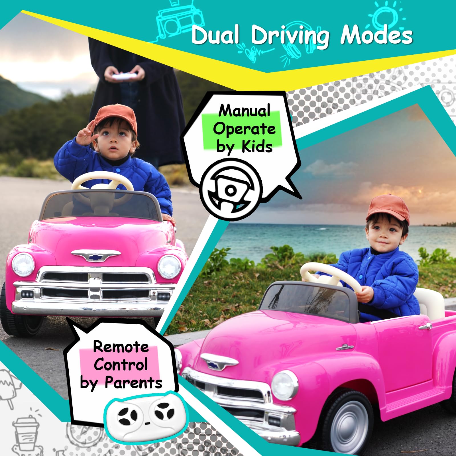 Joywhale 12V Kids Ride on Car - Licensed Chevrolet 3100 Pickup Electric Toy Vehicle with 7AH Battery, 2.4G Remote Control, 3 Speed Modes, Music & Storage | Retro Style Pink Battery-Powered Motorized Car for Boys & Girls | Perfect for Birthday Gifts, Outdoor Play & Backyard Fun