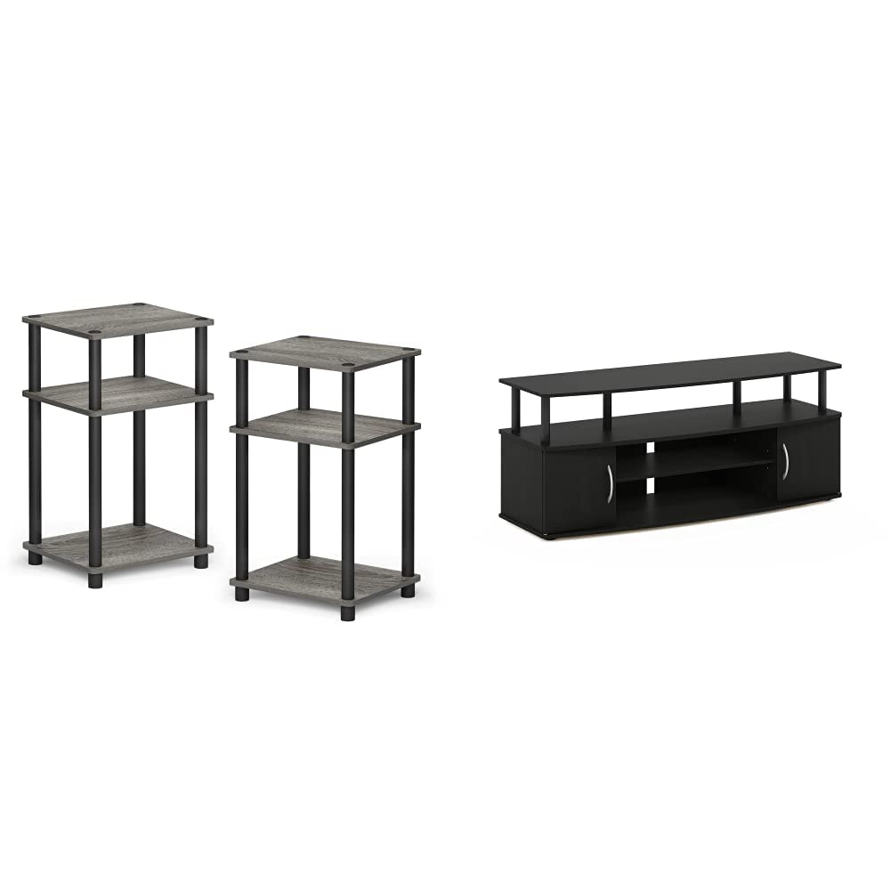 Furinno 3-Tier Turn-N-Tube End Table, Side Table, Nightstand - 2-Pack in French Oak Grey & Black | Compact Bedside Storage for Small Spaces | Living Room, Bedroom, Dorm Furniture    Furinno Jaya Large TV Stand Entertainment Center for TVs Up to 55 Inches - Blackwood Finish | Modern Media Console with Storage Shelves | Perfect for Living Room, Home Theater, Apartment Setup